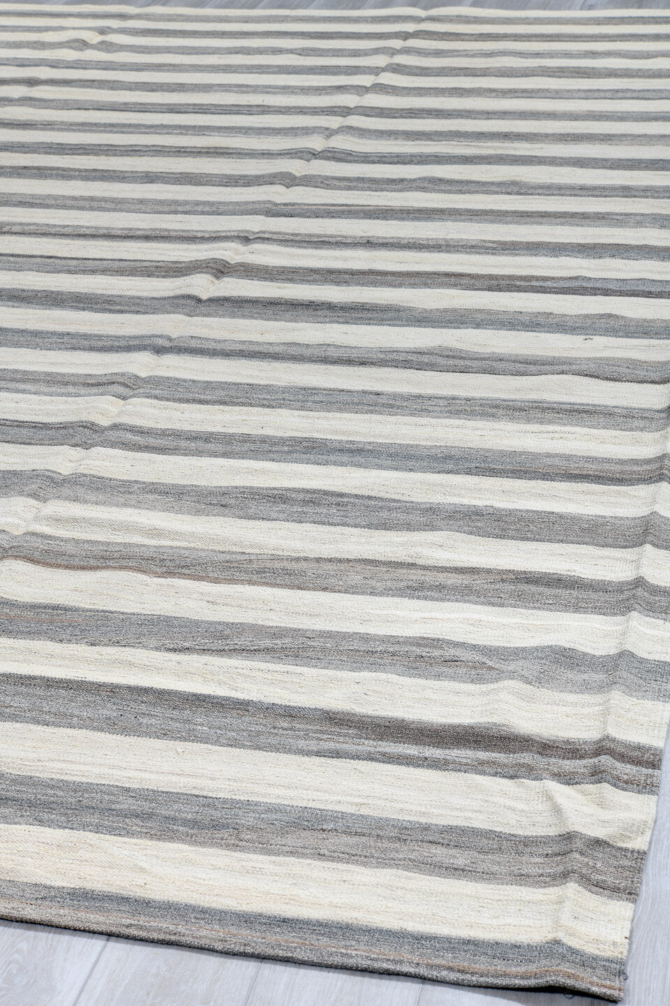 10' x 13' one-of-a-kind handmade vintage Kilim large size rug. Color palette: ivory, gray, slate, cream