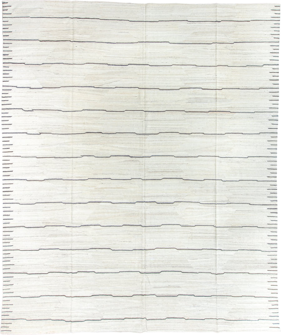 13' x 15' one-of-a-kind handmade vintage Kilim oversize rug. Color palette: ivory, cream, charcoal, taupe, black, gray