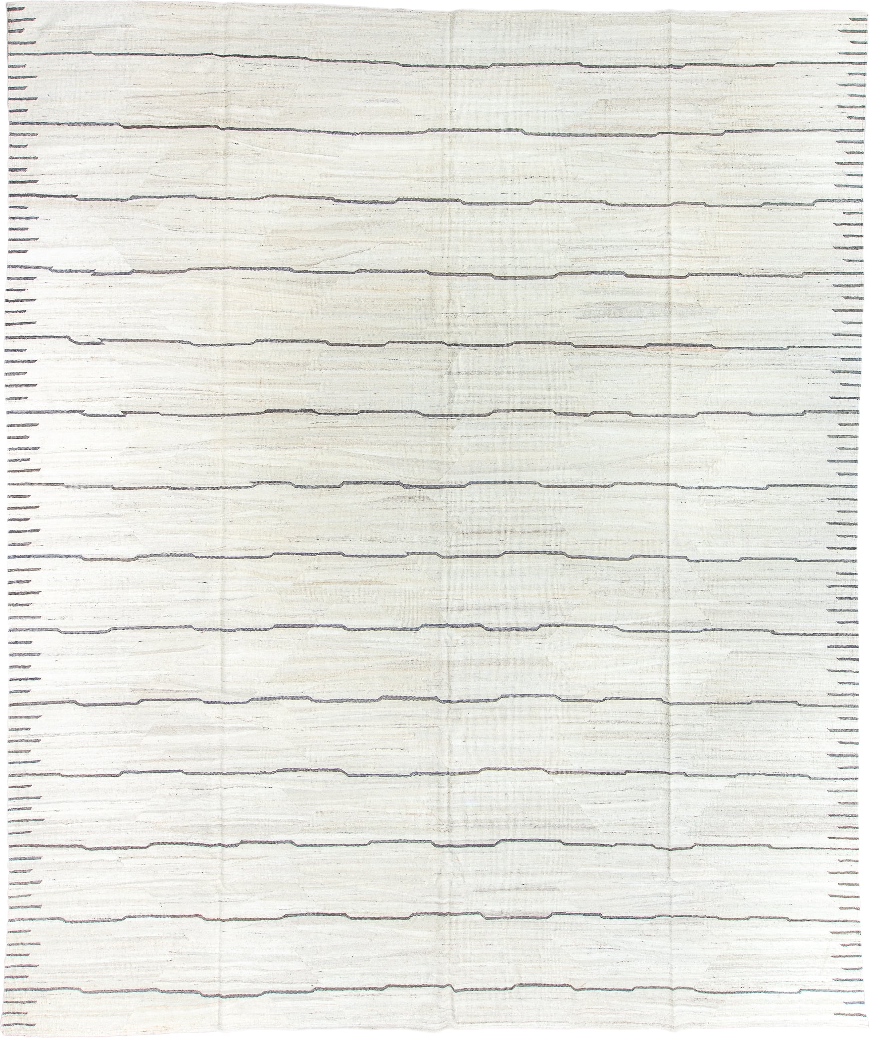 13' x 15' one-of-a-kind handmade vintage Kilim oversize rug. Color palette: ivory, cream, charcoal, taupe, black, gray