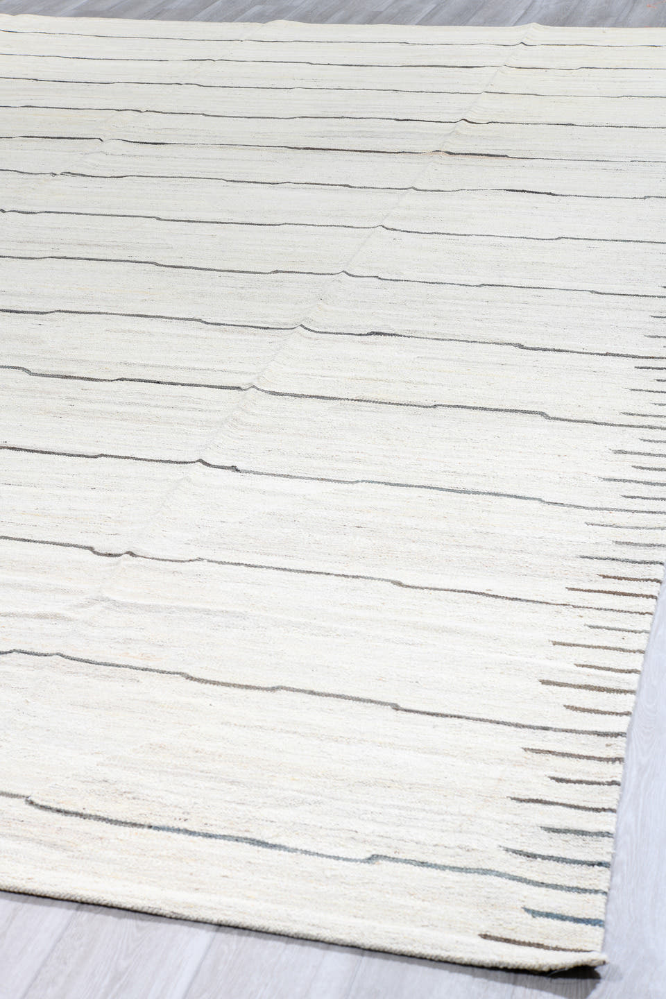 13' x 15' one-of-a-kind handmade vintage Kilim oversize rug. Color palette: ivory, cream, charcoal, taupe, black, gray