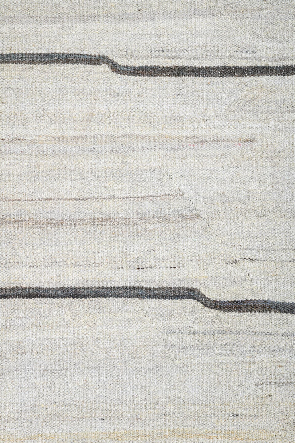 13' x 15' one-of-a-kind handmade vintage Kilim oversize rug. Color palette: ivory, cream, charcoal, taupe, black, gray