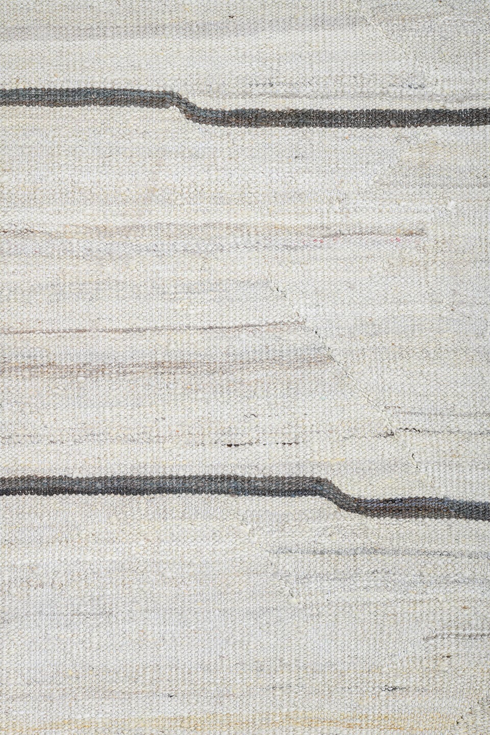 13' x 15' one-of-a-kind handmade vintage Kilim oversize rug. Color palette: ivory, cream, charcoal, taupe, black, gray