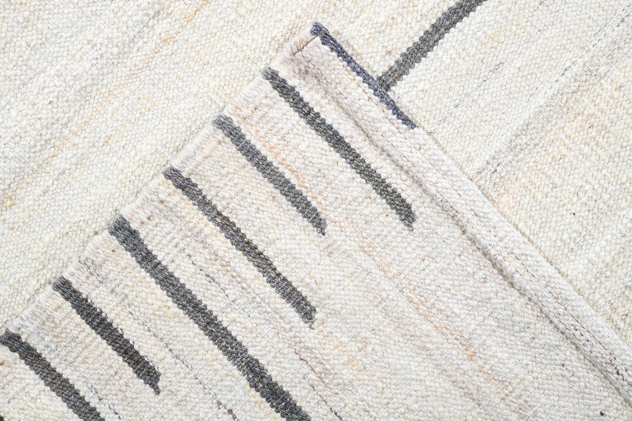 13' x 15' one-of-a-kind handmade vintage Kilim oversize rug. Color palette: ivory, cream, charcoal, taupe, black, gray
