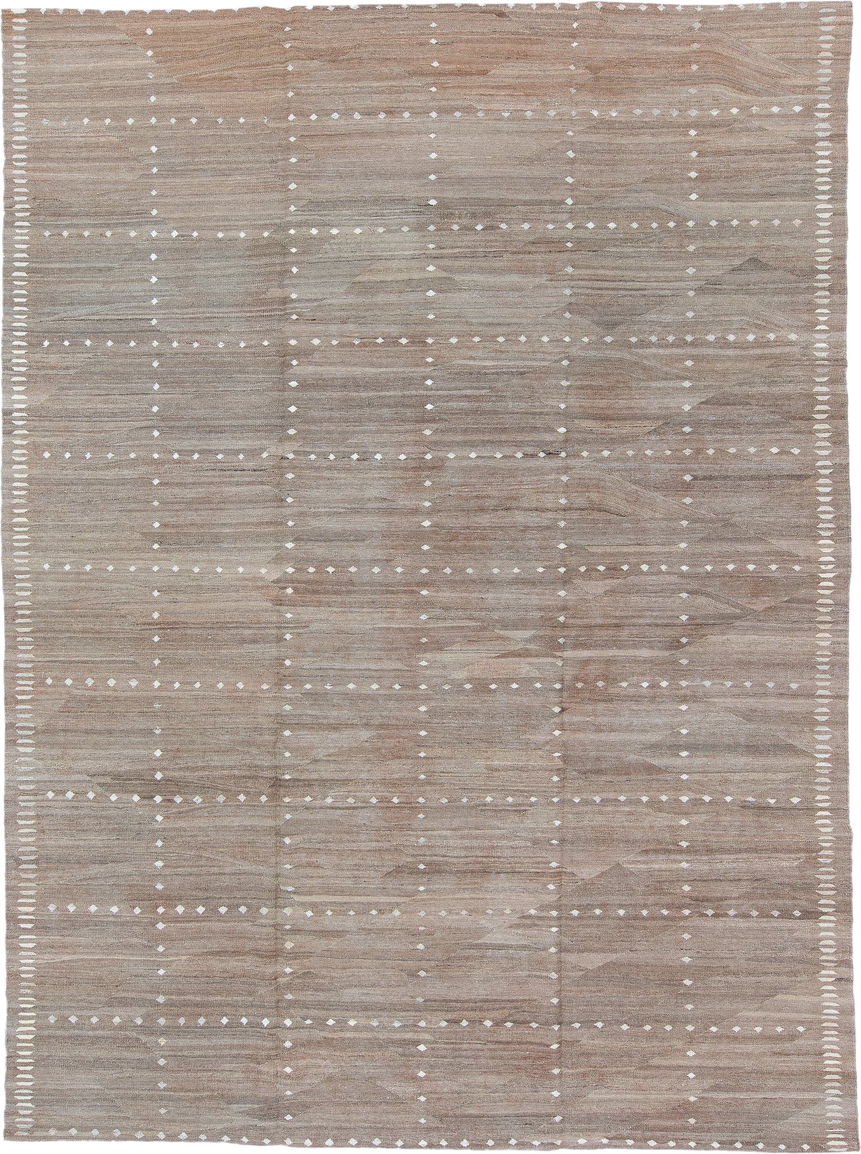 10' x 13' one-of-a-kind handmade vintage Kilim large size rug. Color palette: taupe, beige, ivory, camel, sand, gray
