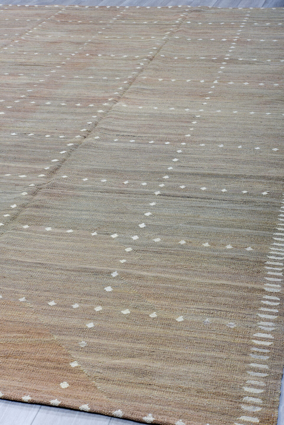 10' x 13' one-of-a-kind handmade vintage Kilim large size rug. Color palette: taupe, beige, ivory, camel, sand, gray