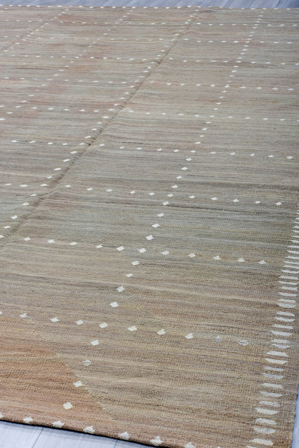 10' x 13' one-of-a-kind handmade vintage Kilim large size rug. Color palette: taupe, beige, ivory, camel, sand, gray