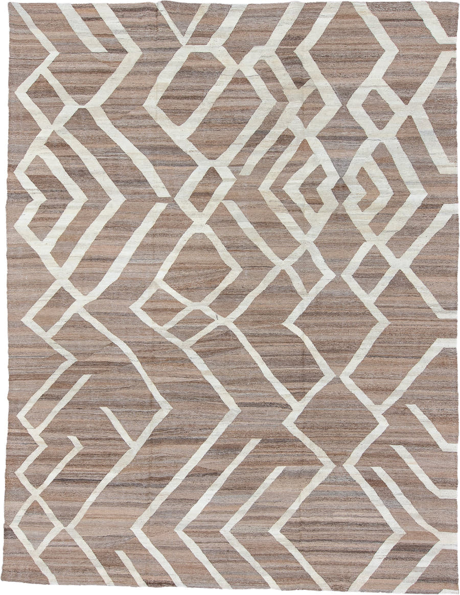 10' x 13' one-of-a-kind handmade vintage Kilim large size rug. Color palette: taupe, ivory, brown, camel, greige, beige