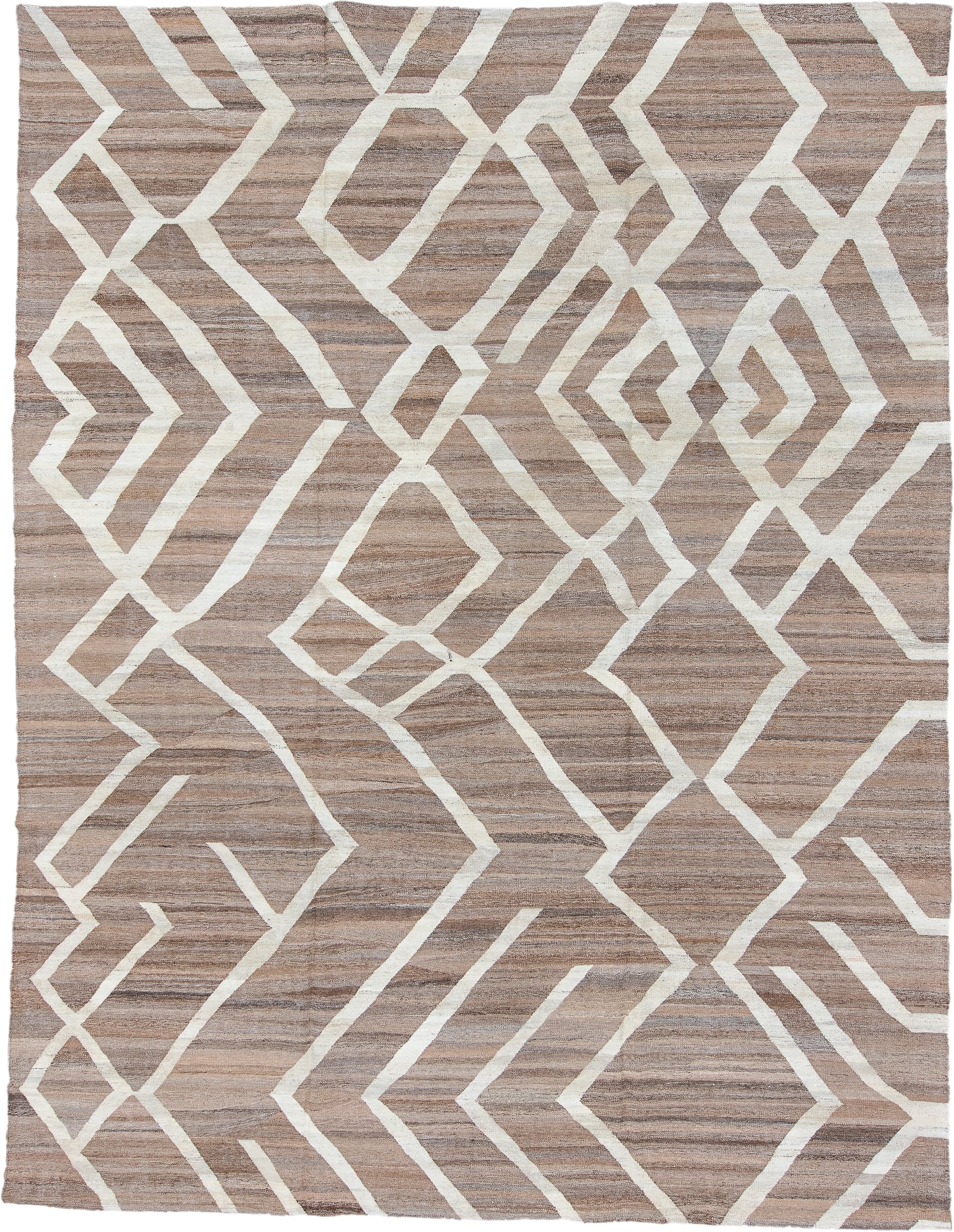 10' x 13' one-of-a-kind handmade vintage Kilim large size rug. Color palette: taupe, ivory, brown, camel, greige, beige