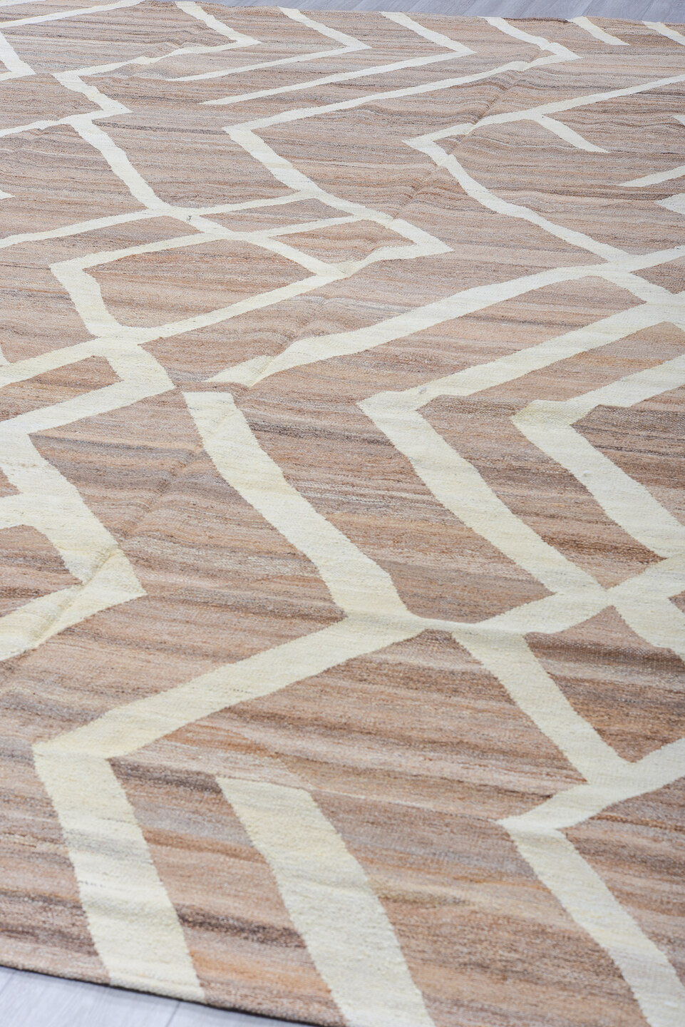 10' x 13' one-of-a-kind handmade vintage Kilim large size rug. Color palette: taupe, ivory, brown, camel, greige, beige