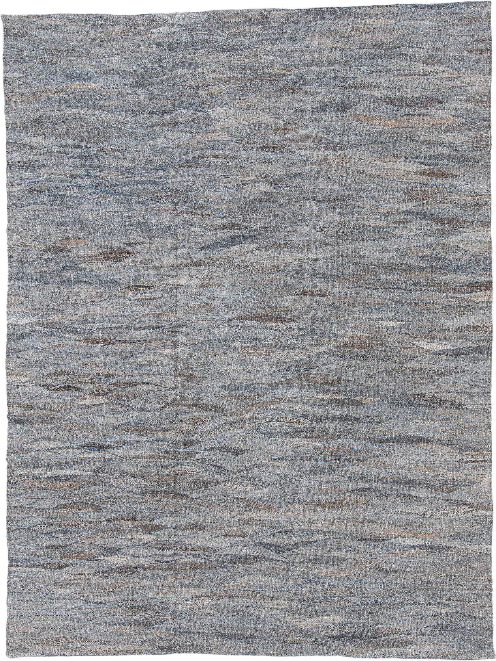 8' x 11' one-of-a-kind handmade vintage Kilim large size rug. Color palette: gray, taupe, ivory, slate, camel, pale blue
