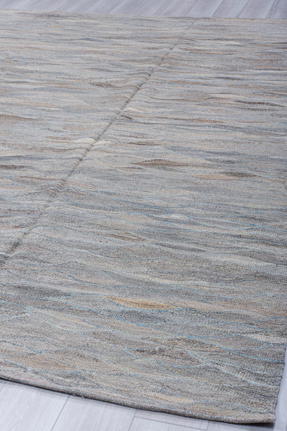 8' x 11' one-of-a-kind handmade vintage Kilim large size rug. Color palette: gray, taupe, ivory, slate, camel, pale blue