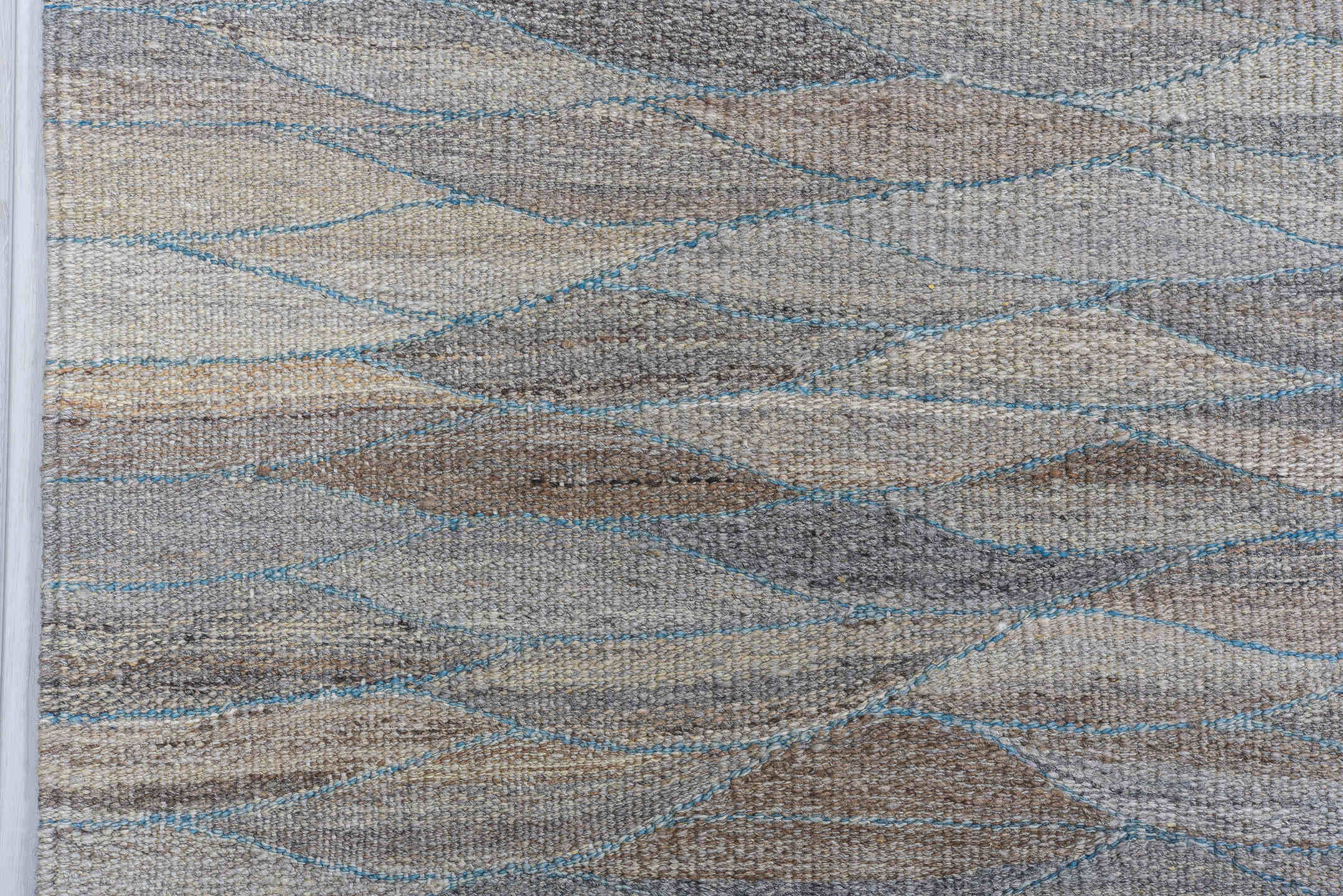 8' x 11' one-of-a-kind handmade vintage Kilim large size rug. Color palette: gray, taupe, ivory, slate, camel, pale blue