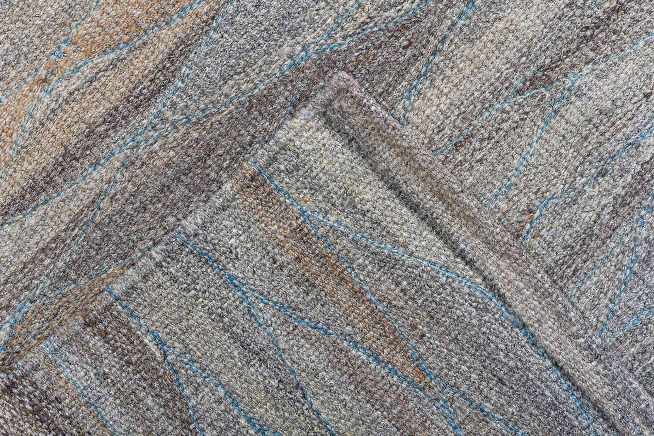8' x 11' one-of-a-kind handmade vintage Kilim large size rug. Color palette: gray, taupe, ivory, slate, camel, pale blue