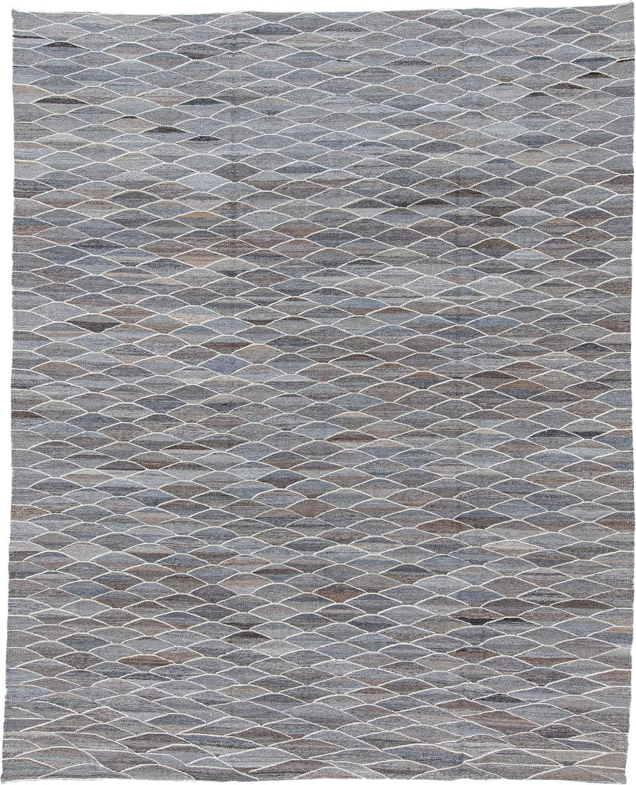 9' x 11' one-of-a-kind handmade vintage Kilim large size rug. Color palette: gray, taupe, ivory, slate, charcoal, greige