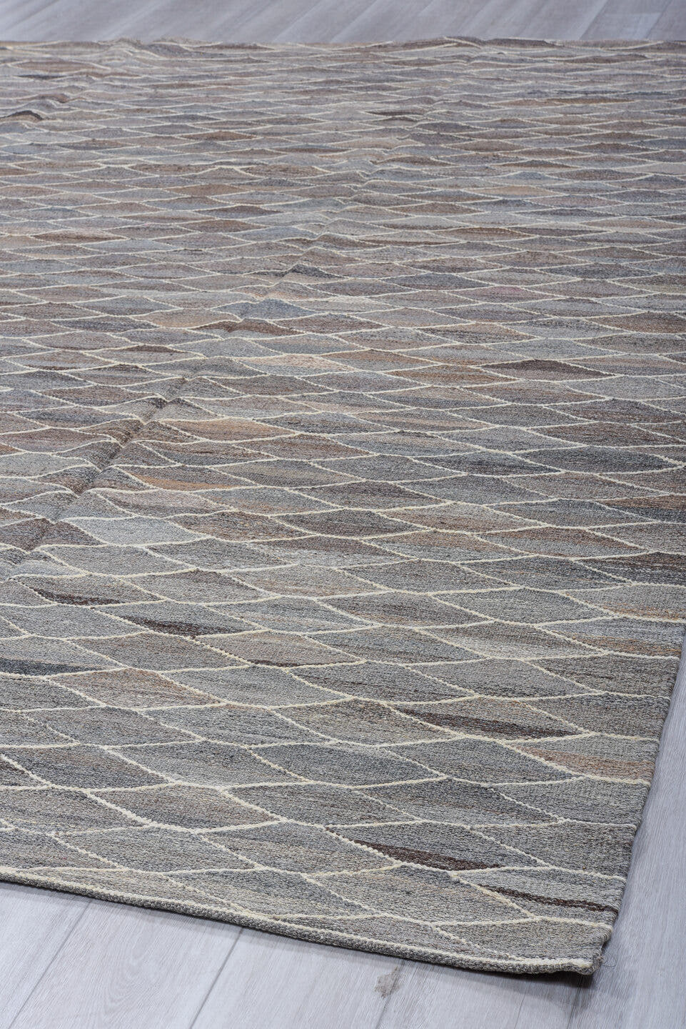9' x 11' one-of-a-kind handmade vintage Kilim large size rug. Color palette: gray, taupe, ivory, slate, charcoal, greige