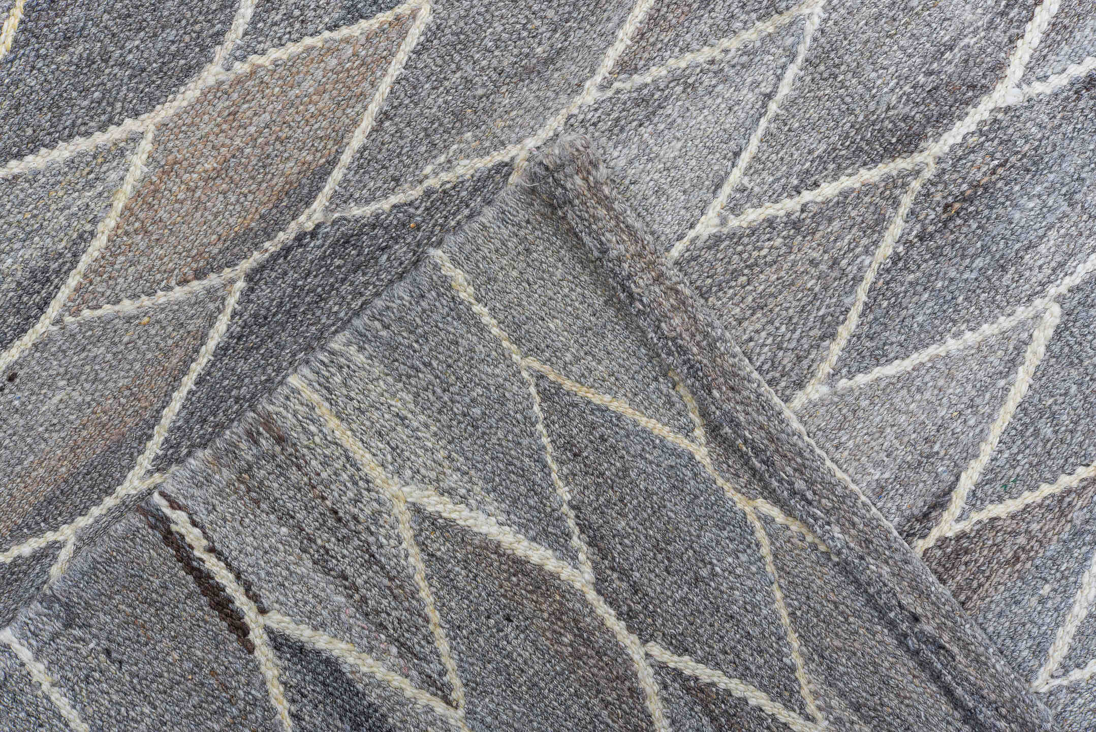 9' x 11' one-of-a-kind handmade vintage Kilim large size rug. Color palette: gray, taupe, ivory, slate, charcoal, greige