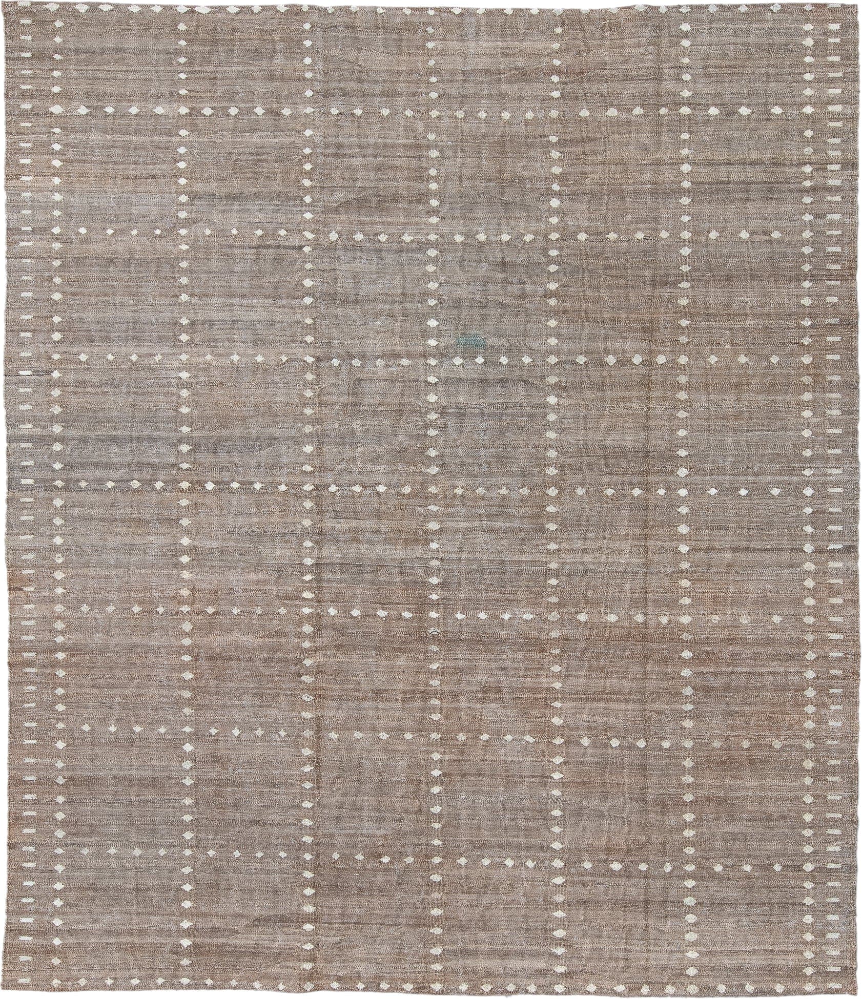 8' x 9' one-of-a-kind handmade vintage Kilim rug. Color palette: taupe, ivory, greige, stone, sand, beige, gray