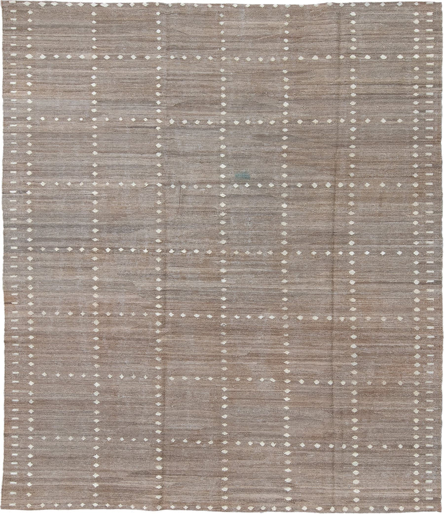 8' x 9' one-of-a-kind handmade vintage Kilim rug. Color palette: taupe, ivory, greige, stone, sand, beige, gray