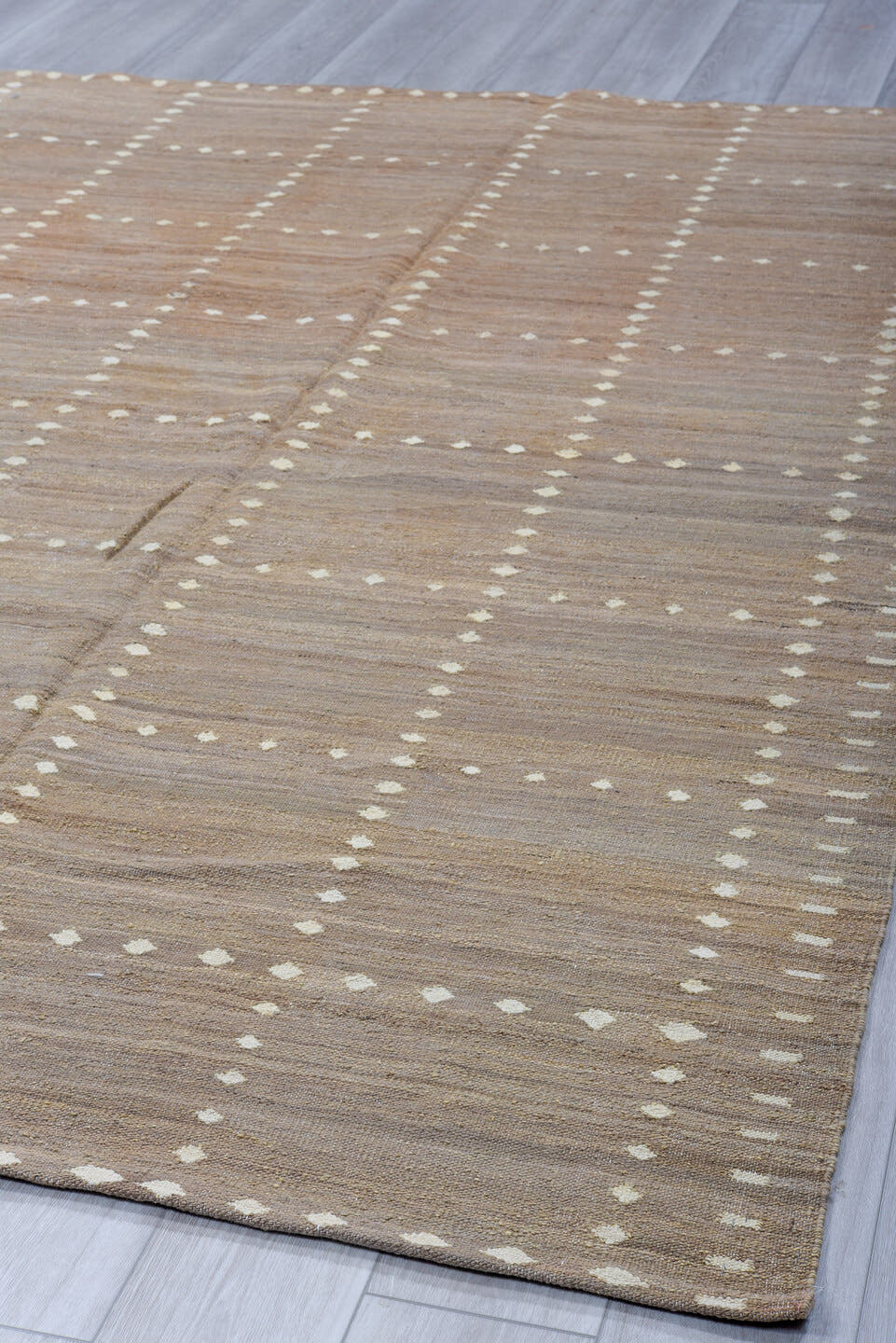 8' x 9' one-of-a-kind handmade vintage Kilim rug. Color palette: taupe, ivory, greige, stone, sand, beige, gray