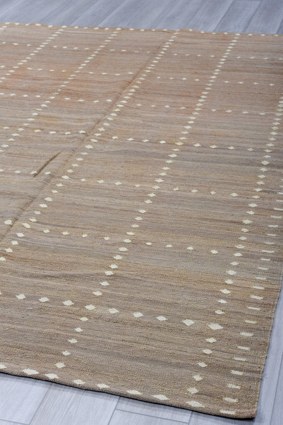 8' x 9' one-of-a-kind handmade vintage Kilim rug. Color palette: taupe, ivory, greige, stone, sand, beige, gray
