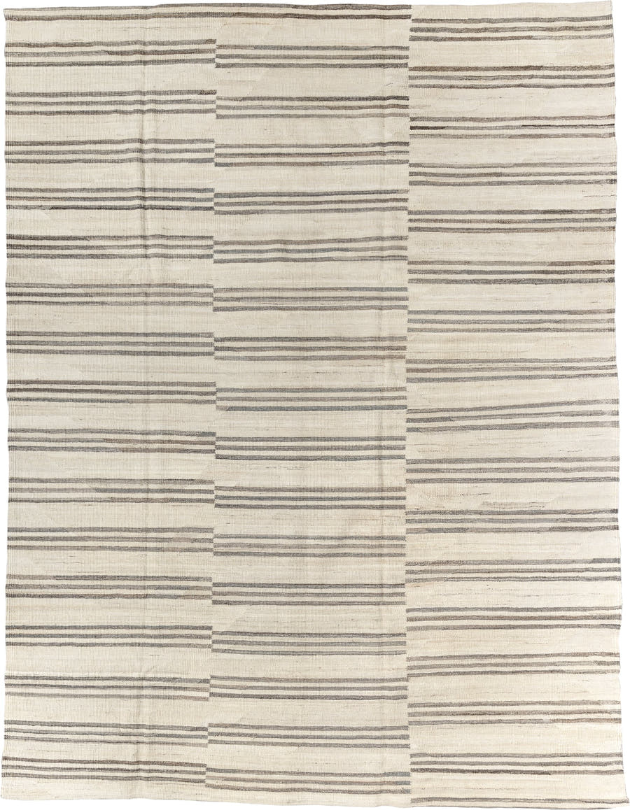 9' x 11' one-of-a-kind handmade vintage Kilim large size rug. Color palette: ivory, charcoal, taupe, gray, cream, black