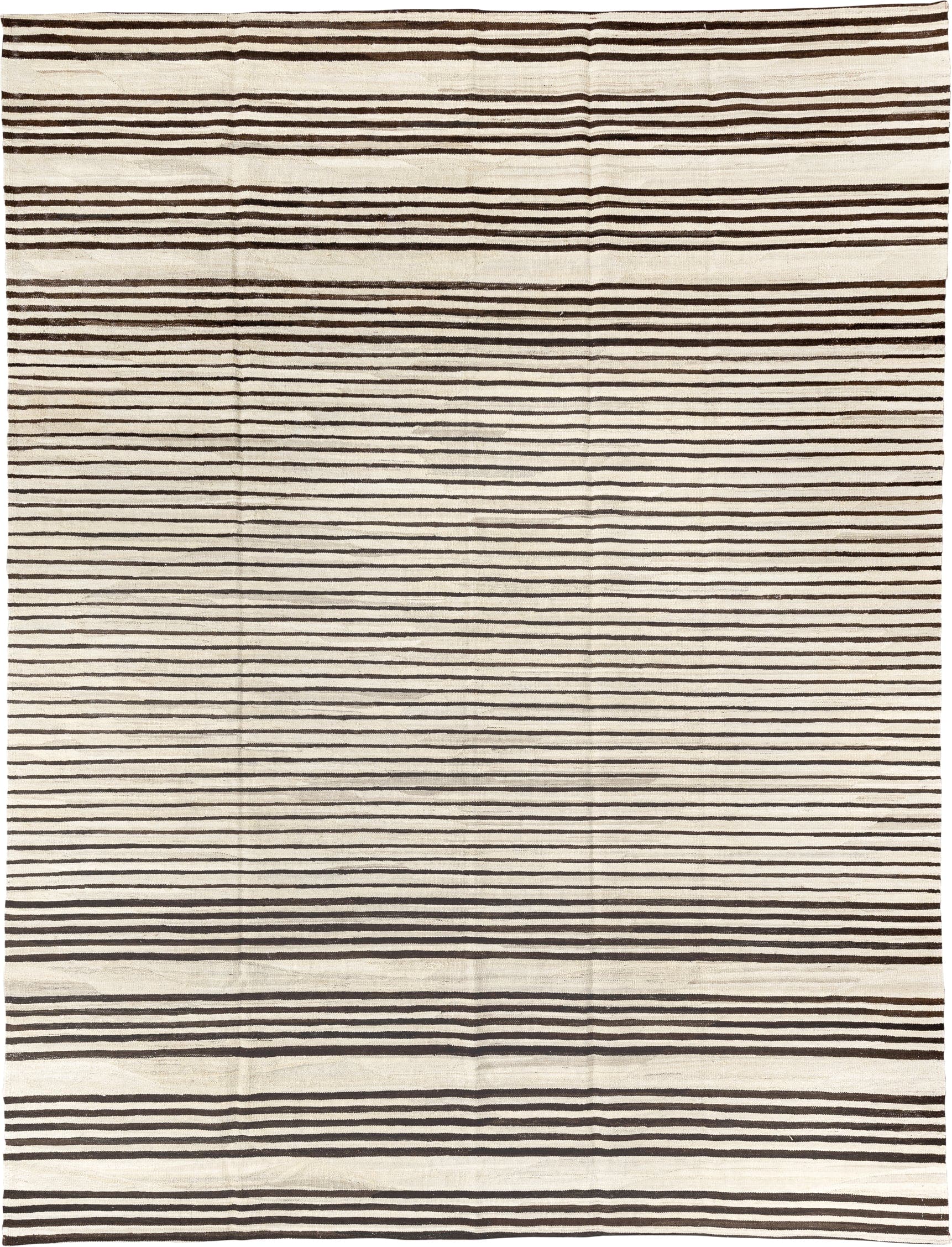 8' x 11' one-of-a-kind handmade vintage Kilim large size rug. Color palette: ivory, dark_brown, cream, brown