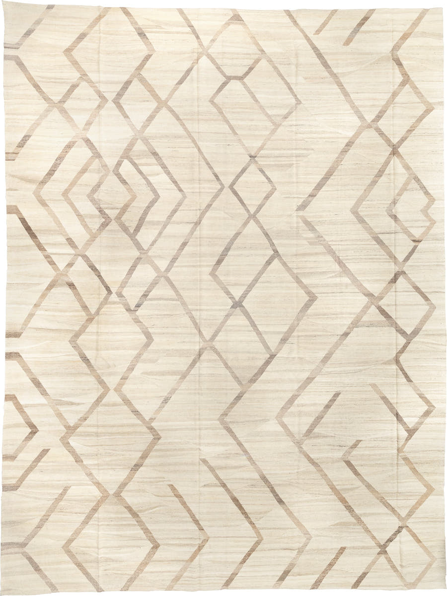 14' x 19' one-of-a-kind handmade vintage Kilim oversize rug. Color palette: ivory, taupe, cream, beige, gray