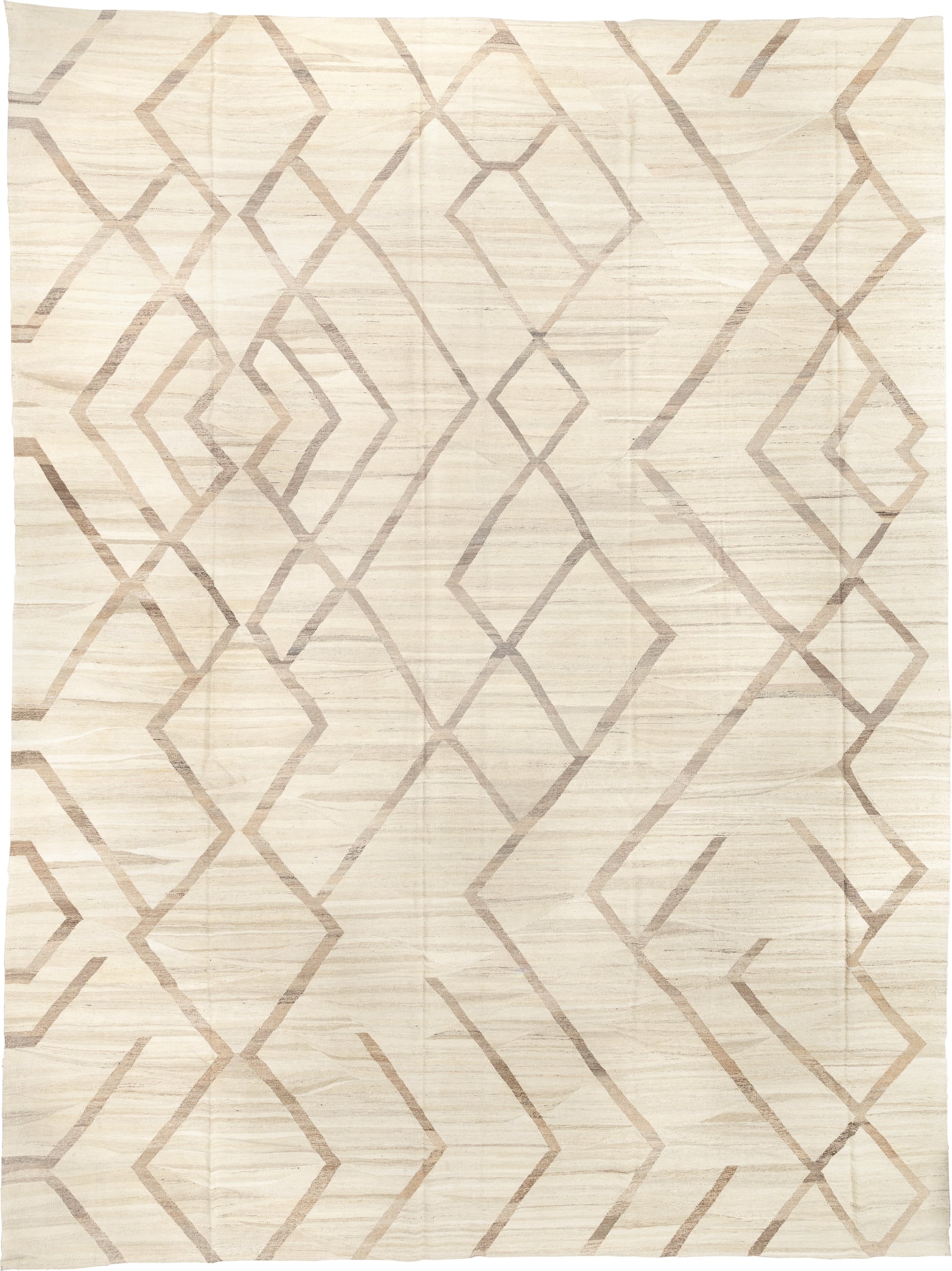 14' x 19' one-of-a-kind handmade vintage Kilim oversize rug. Color palette: ivory, taupe, cream, beige, gray