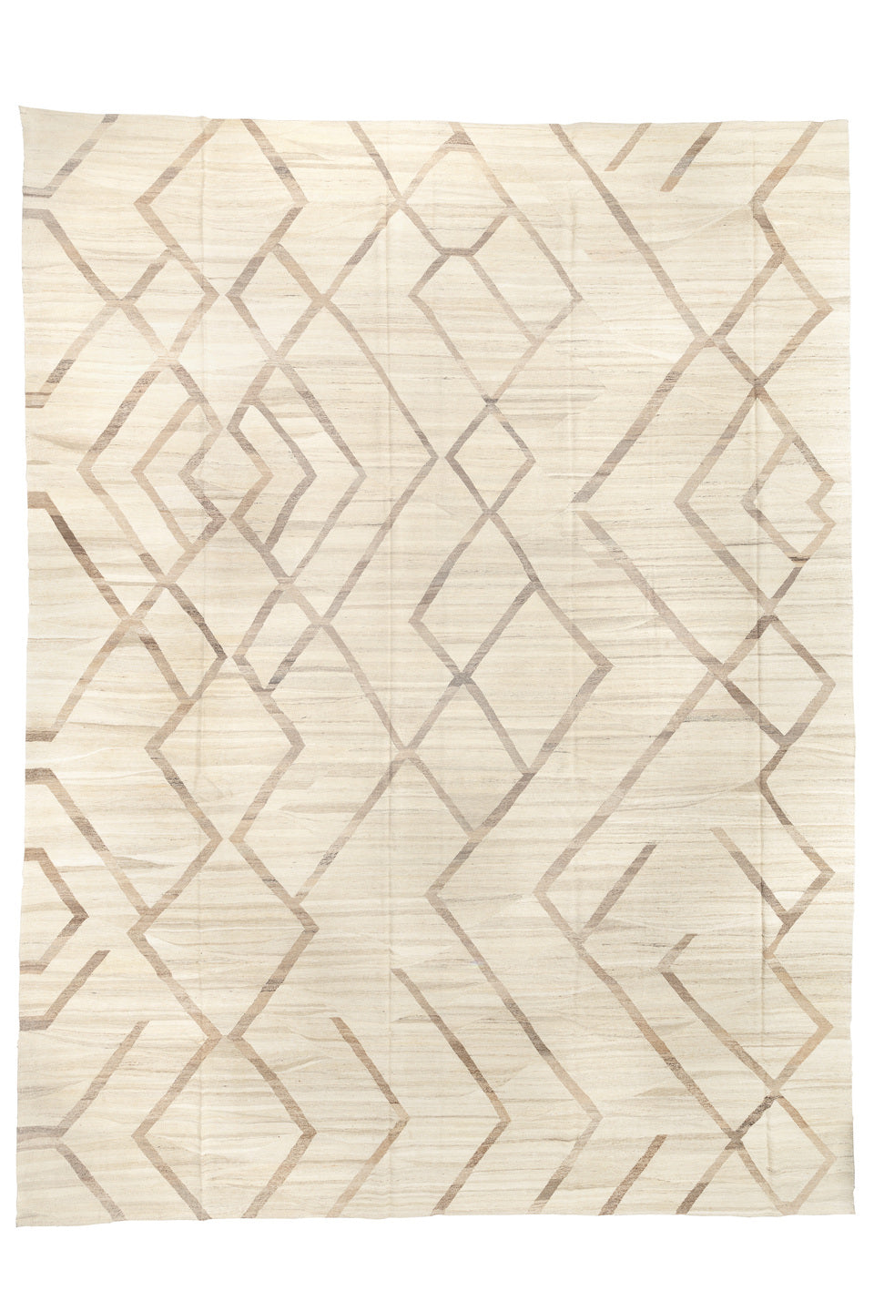 14' x 19' one-of-a-kind handmade vintage Kilim oversize rug. Color palette: black, brown, gray, light gray, linen, off-white