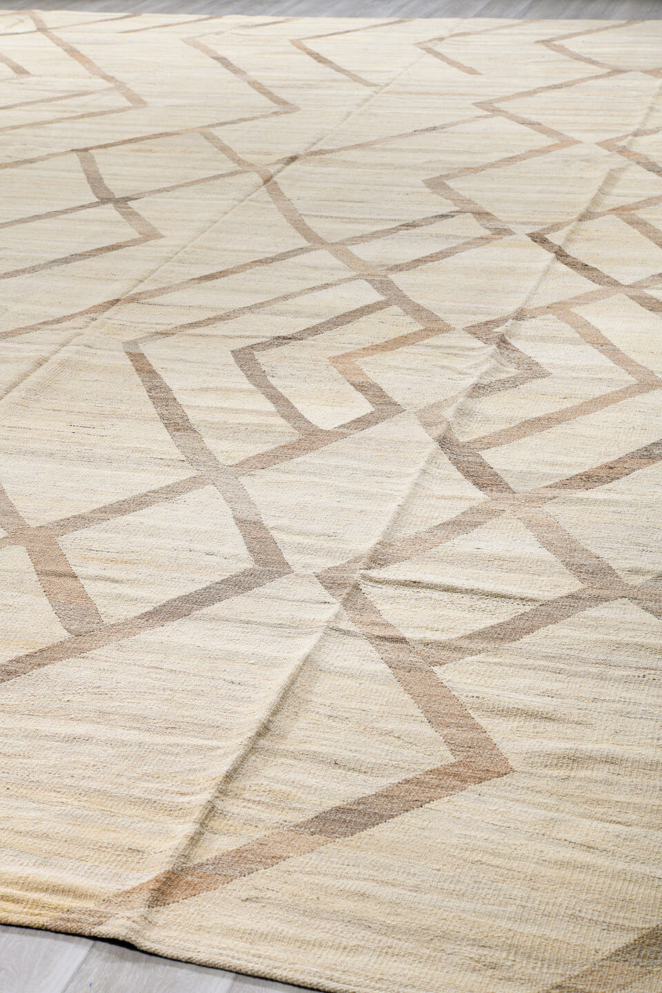 14' x 19' one-of-a-kind handmade vintage Kilim oversize rug. Color palette: ivory, taupe, cream, beige, gray