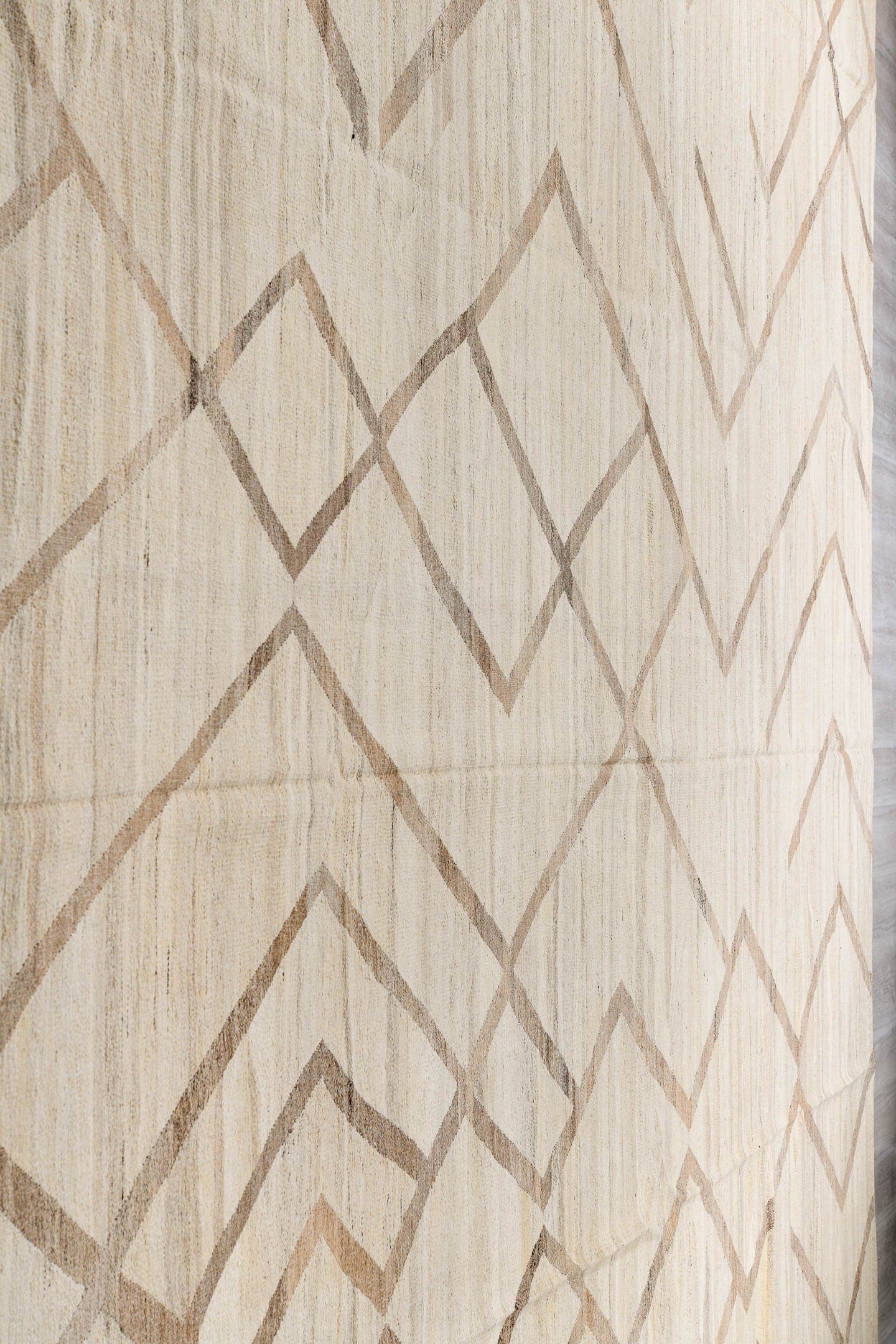 14' x 19' one-of-a-kind handmade vintage Kilim oversize rug. Color palette: ivory, taupe, cream, beige, gray