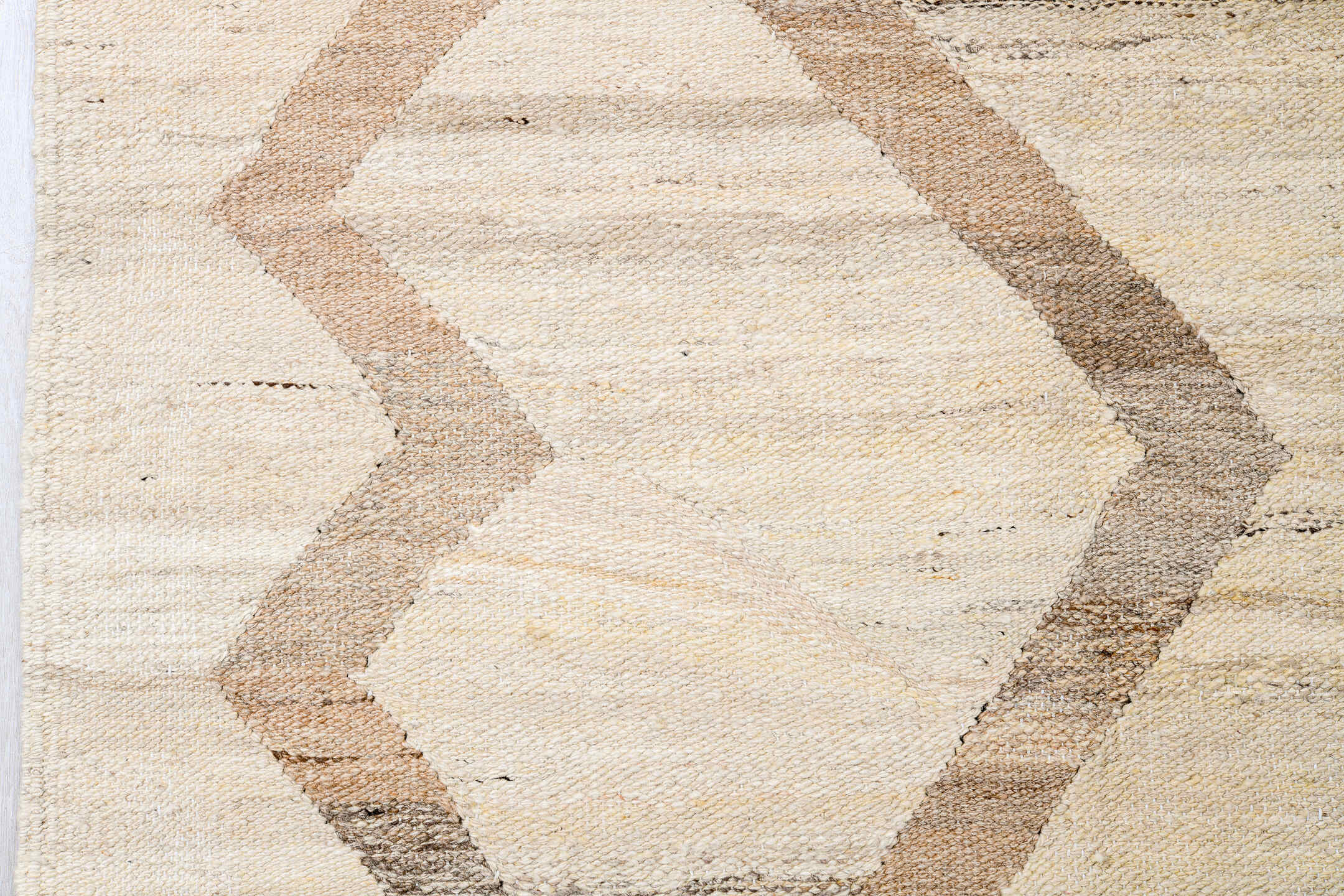14' x 19' one-of-a-kind handmade vintage Kilim oversize rug. Color palette: ivory, taupe, cream, beige, gray