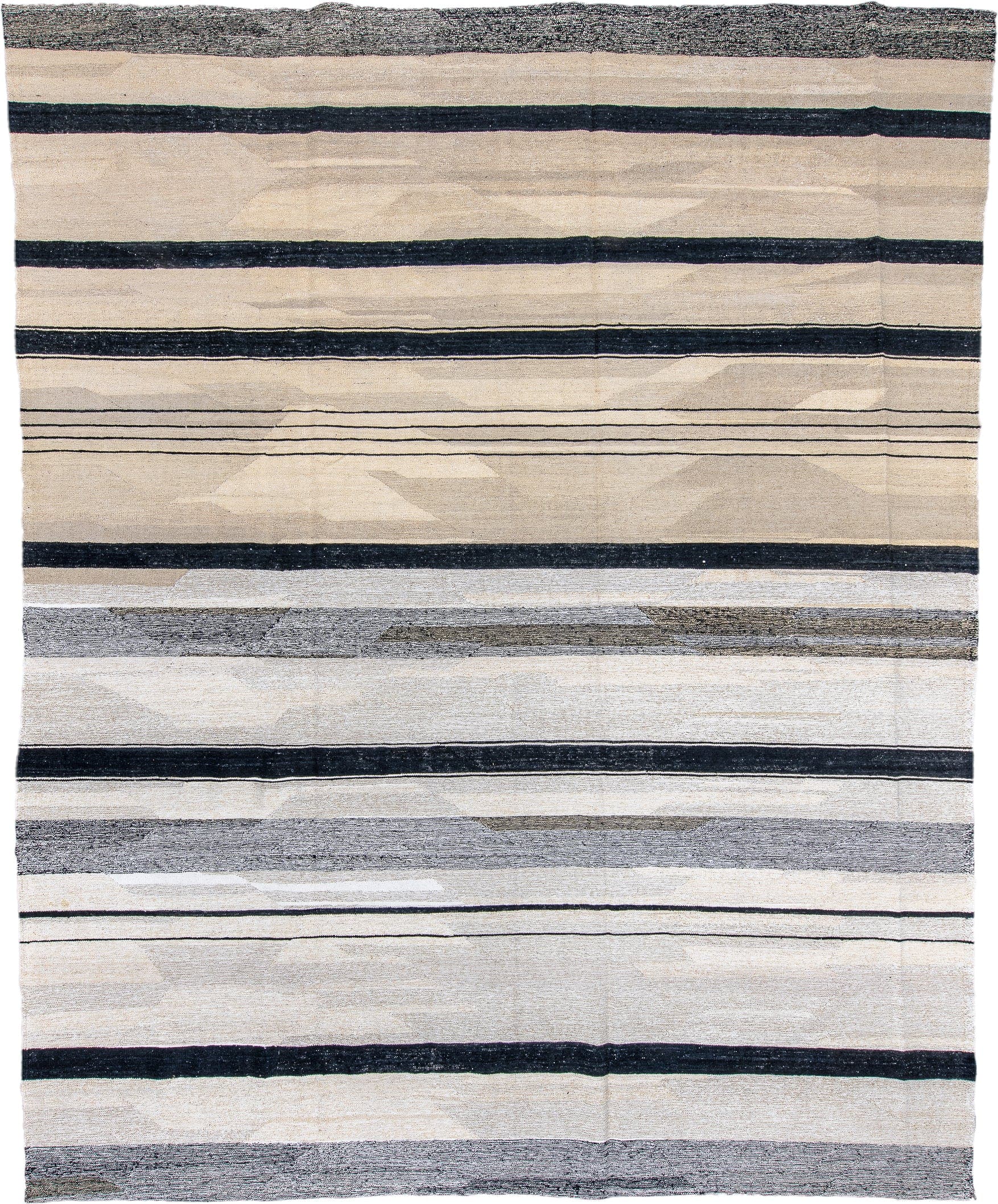 11' x 14' one-of-a-kind handmade vintage Kilim oversize rug. Color palette: ivory, charcoal, black, cream, gray