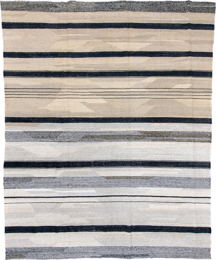 11' x 14' one-of-a-kind handmade vintage Kilim oversize rug. Color palette: ivory, charcoal, black, cream, gray