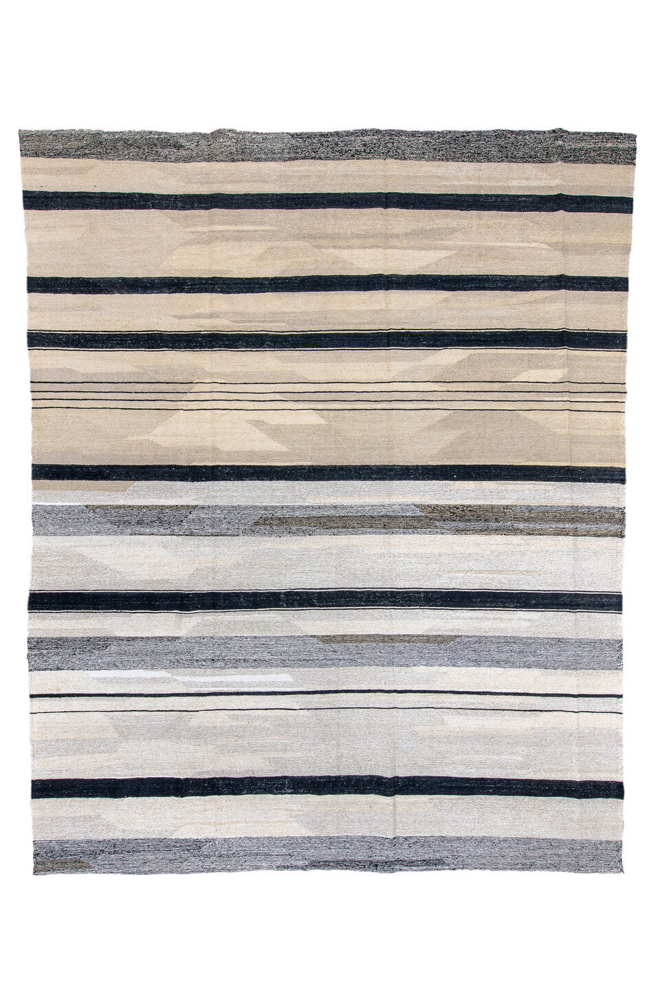 11' x 14' one-of-a-kind handmade vintage Kilim oversize rug. Color palette: blue, dark gray, dim gray, gainsboro, gray