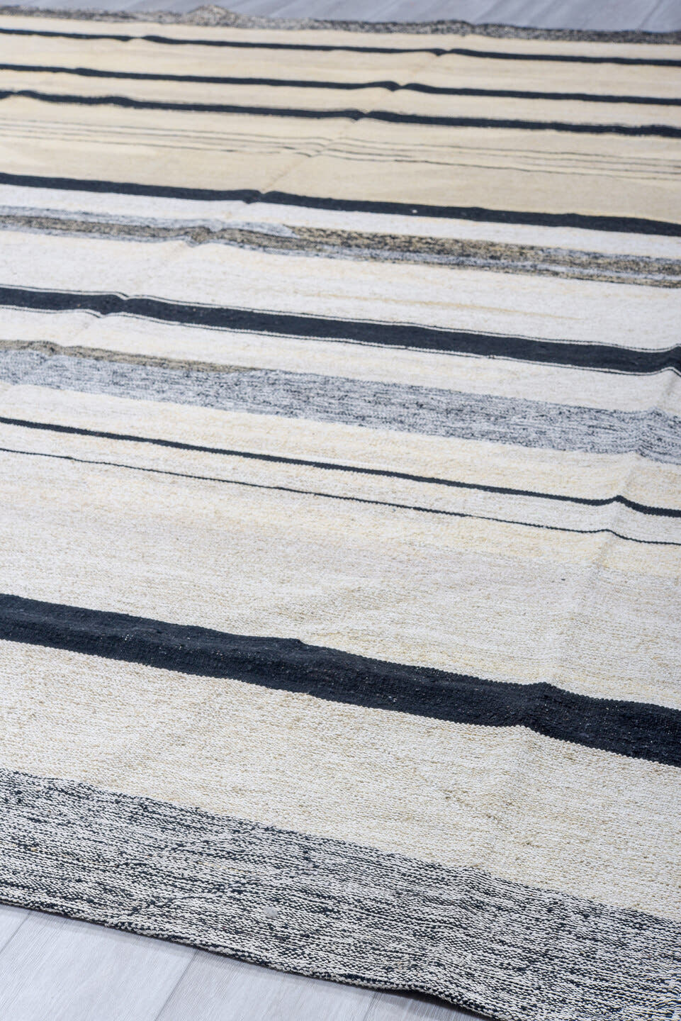 11' x 14' one-of-a-kind handmade vintage Kilim oversize rug. Color palette: ivory, charcoal, black, cream, gray