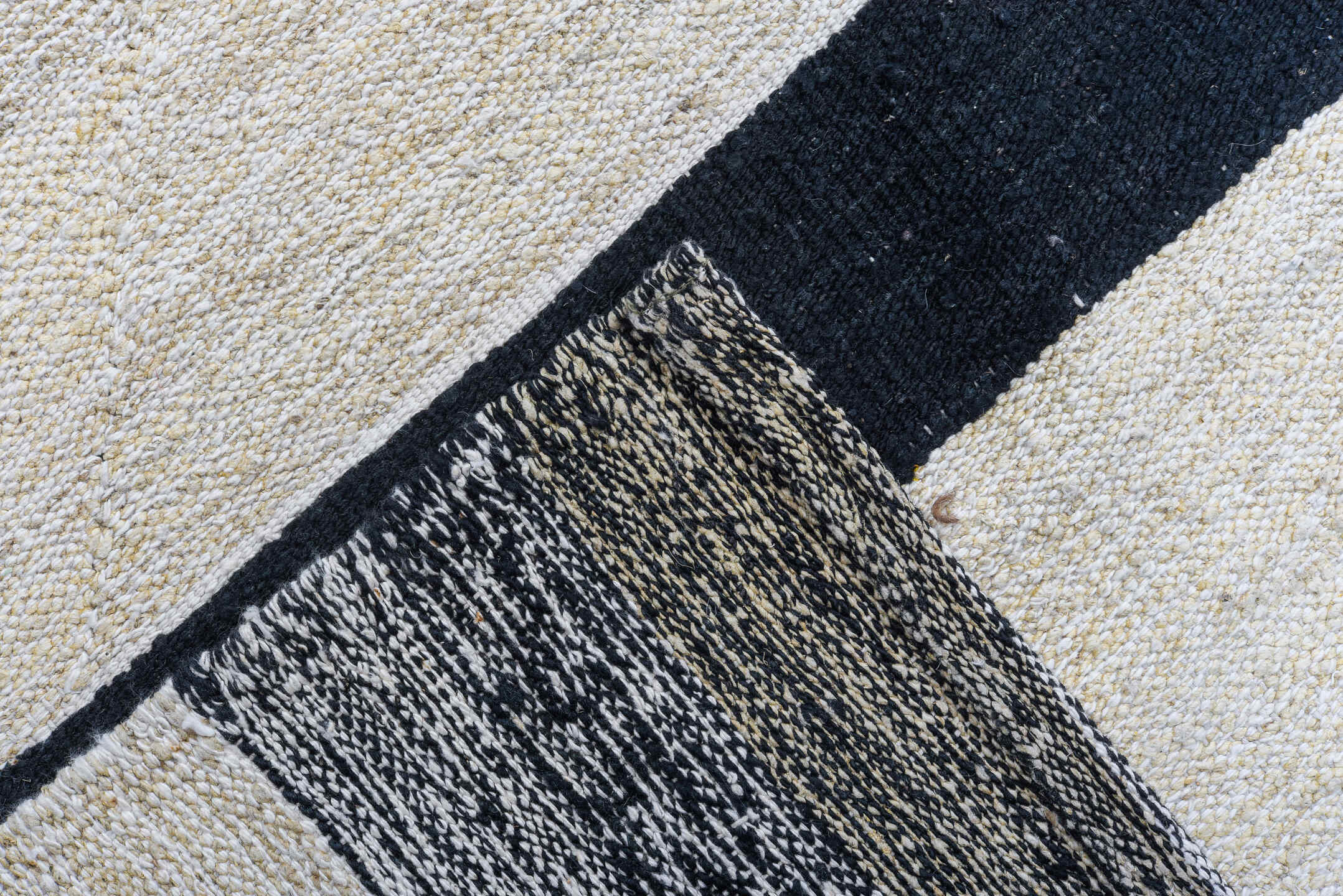 11' x 14' one-of-a-kind handmade vintage Kilim oversize rug. Color palette: ivory, charcoal, black, cream, gray