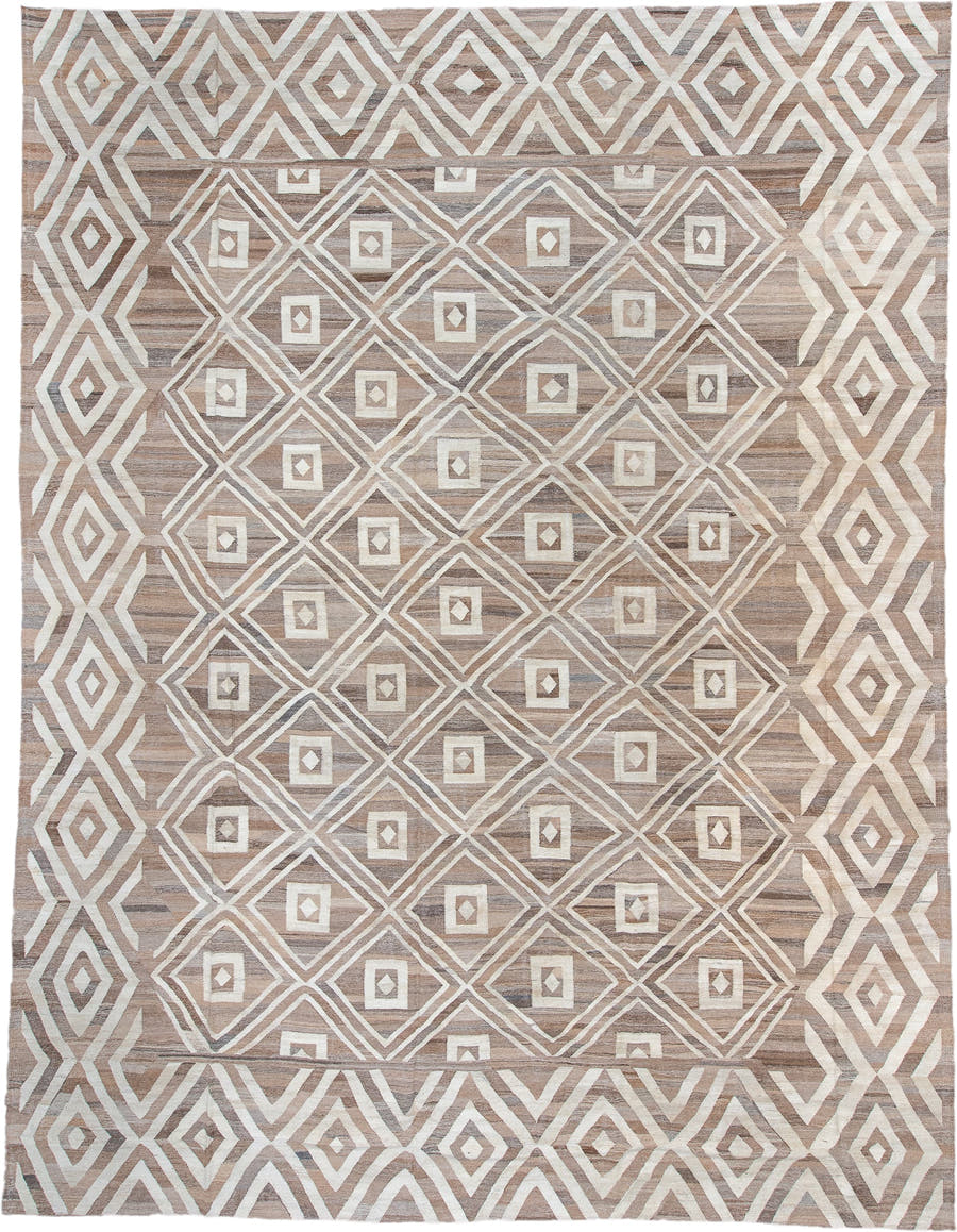14' x 19' one-of-a-kind handmade vintage Kilim oversize rug. Color palette: taupe, ivory, beige, camel, greige, gray