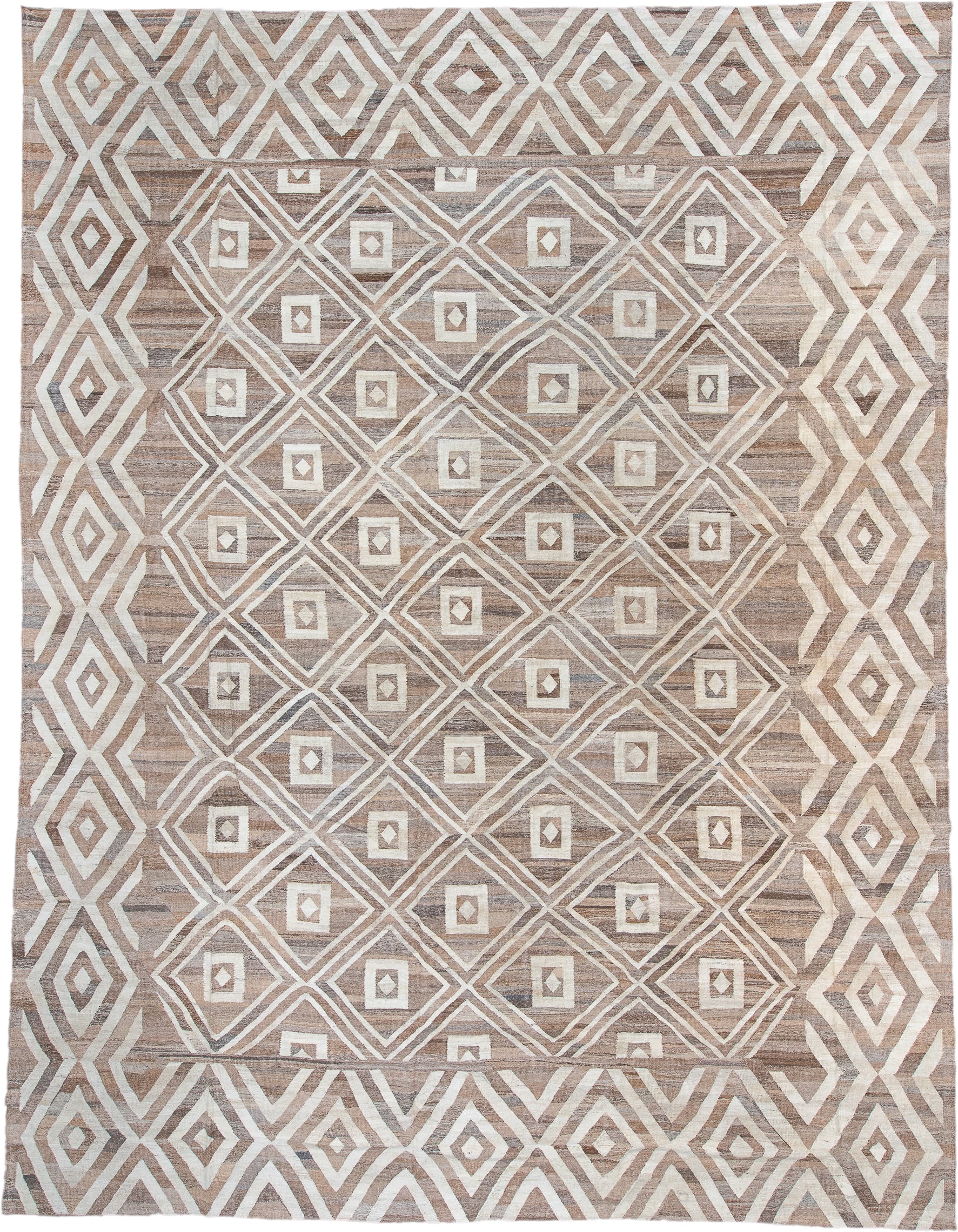14' x 19' one-of-a-kind handmade vintage Kilim oversize rug. Color palette: taupe, ivory, beige, camel, greige, gray