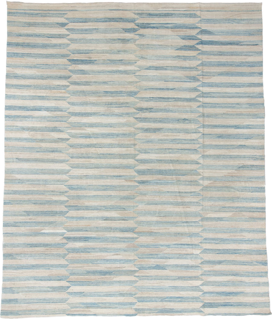 12' x 14' one-of-a-kind handmade vintage Kilim oversize rug. Color palette: ivory, pale blue, cream, sky blue, beige