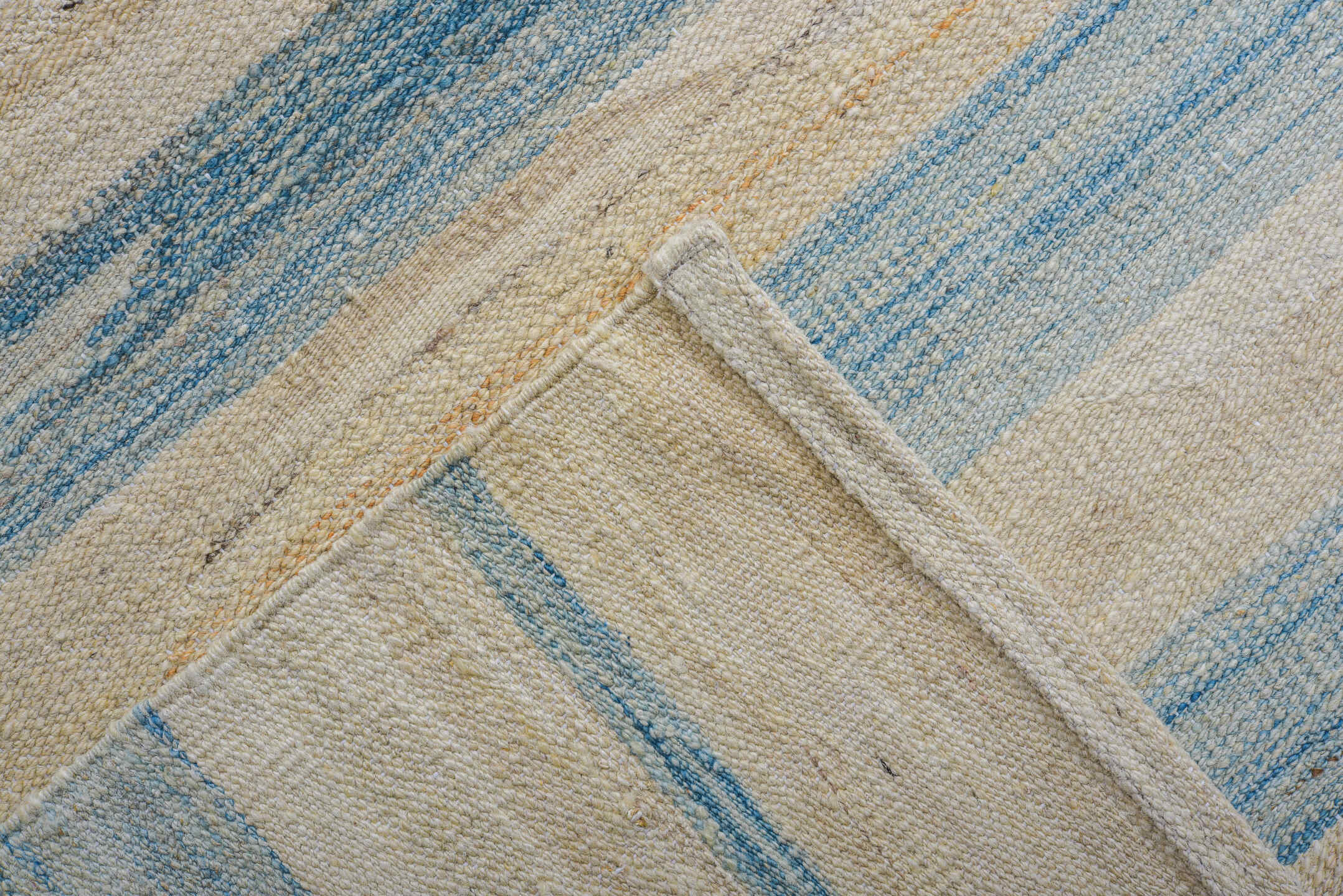 12' x 14' one-of-a-kind handmade vintage Kilim oversize rug. Color palette: ivory, pale blue, cream, sky blue, beige