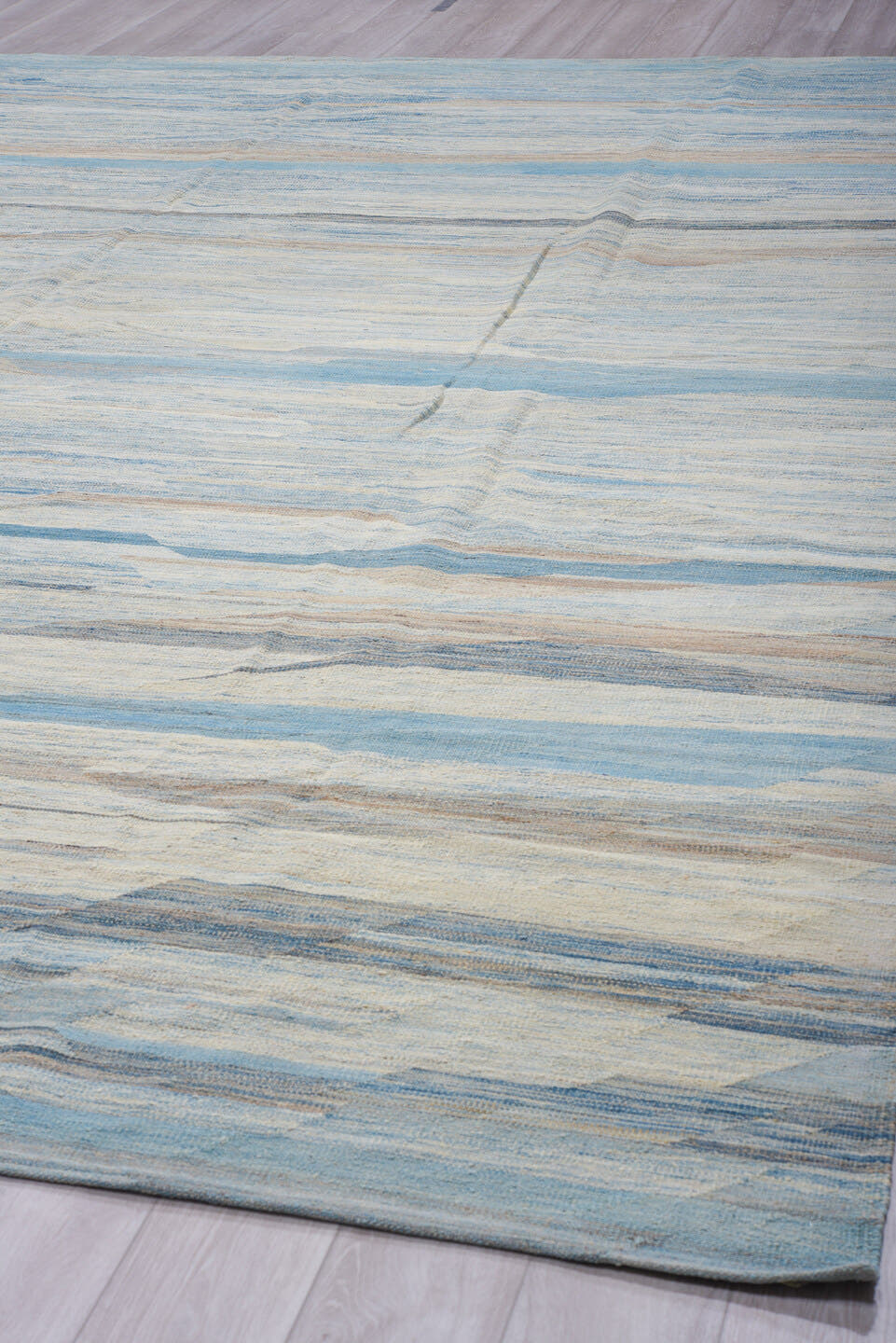 13' x 15' one-of-a-kind handmade vintage Kilim oversize rug. Color palette: sky blue, ivory, taupe, slate, blue gray