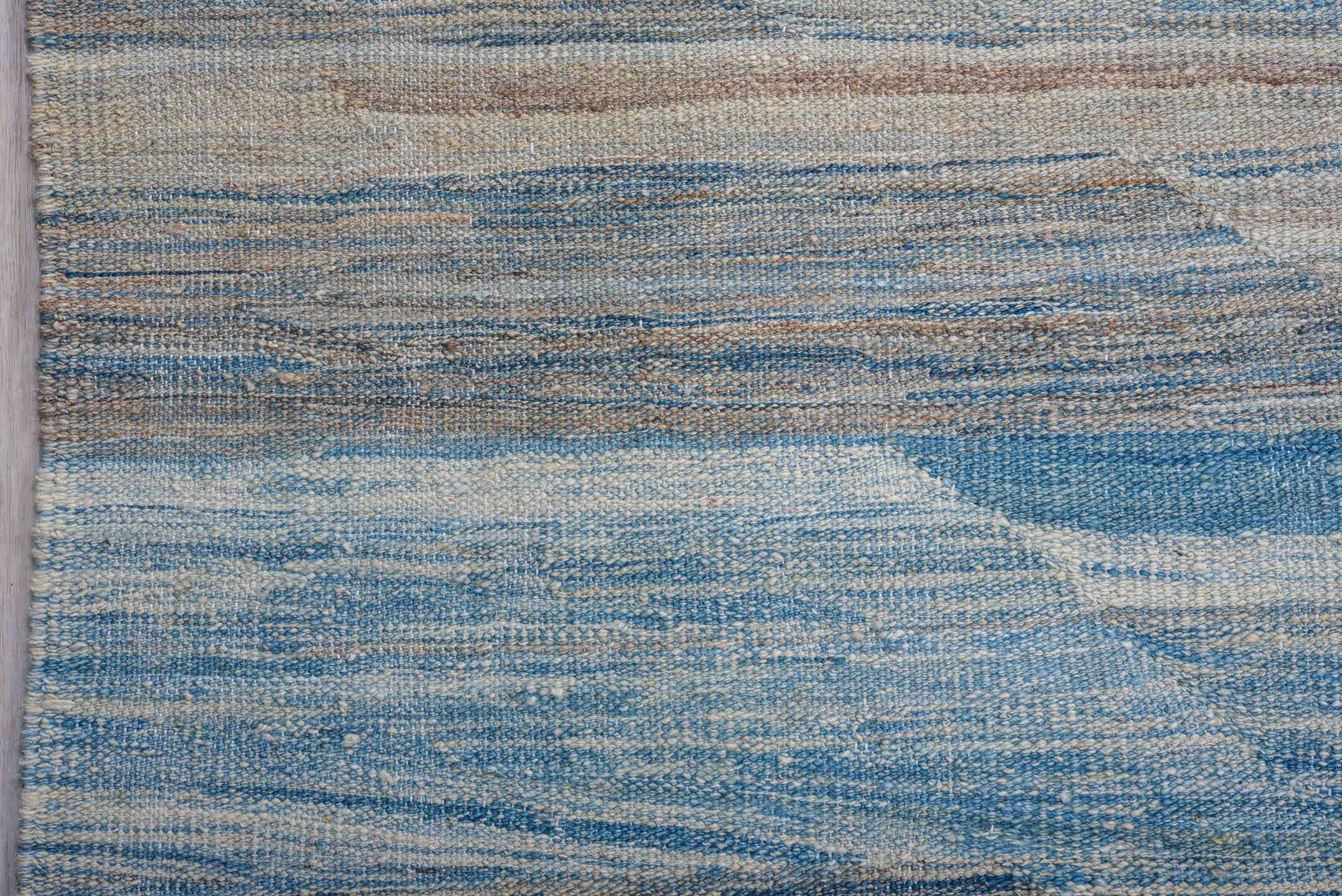 13' x 15' one-of-a-kind handmade vintage Kilim oversize rug. Color palette: sky blue, ivory, taupe, slate, blue gray