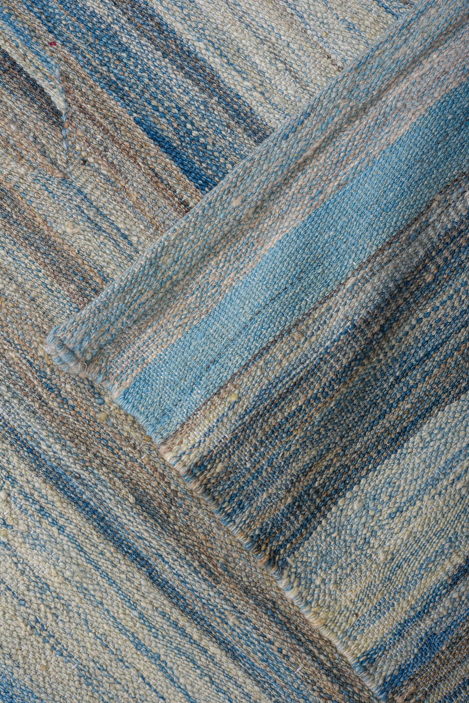 13' x 15' one-of-a-kind handmade vintage Kilim oversize rug. Color palette: sky blue, ivory, taupe, slate, blue gray