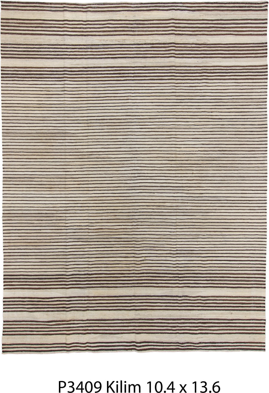 10' x 13' one-of-a-kind handmade vintage Kilim large size rug. Color palette: ivory, brown, charcoal, black, gray