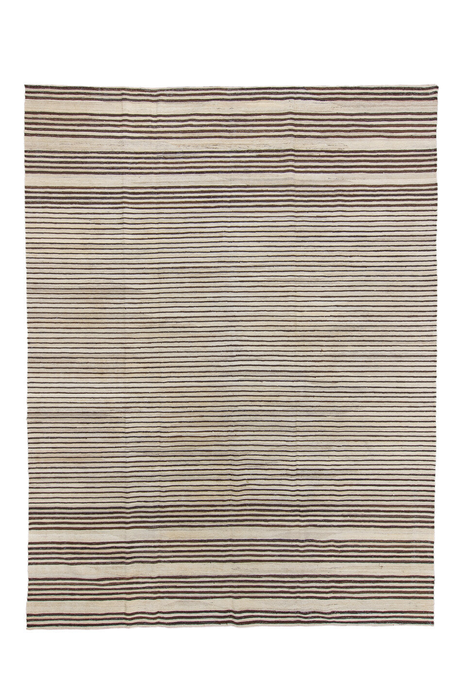 10' x 13' one-of-a-kind handmade vintage Kilim large size rug. Color palette: ivory, brown, charcoal, black, gray