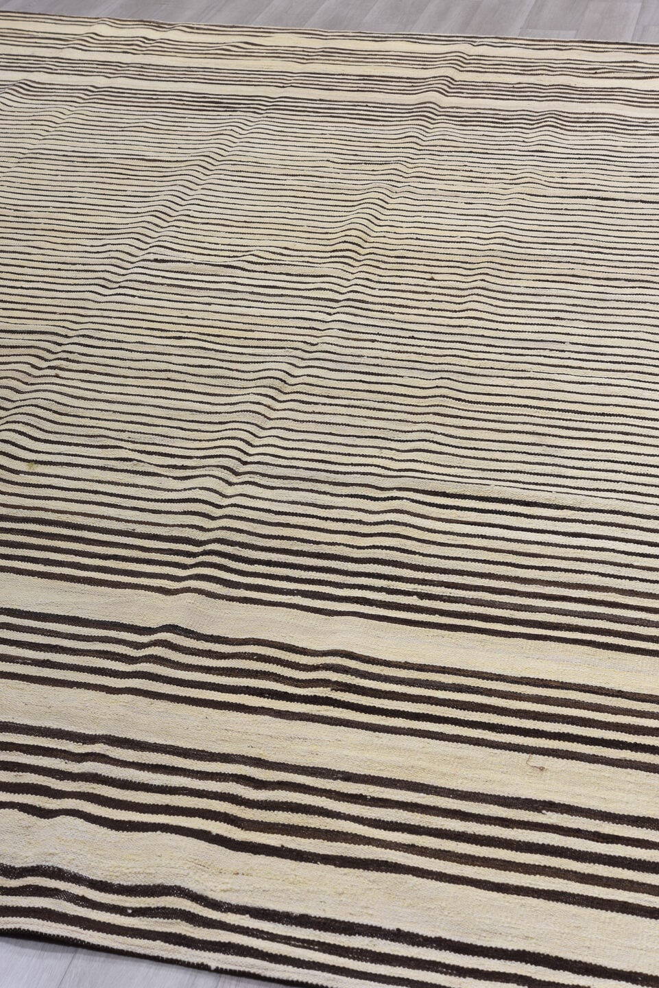 10' x 13' one-of-a-kind handmade vintage Kilim large size rug. Color palette: ivory, brown, charcoal, black, gray