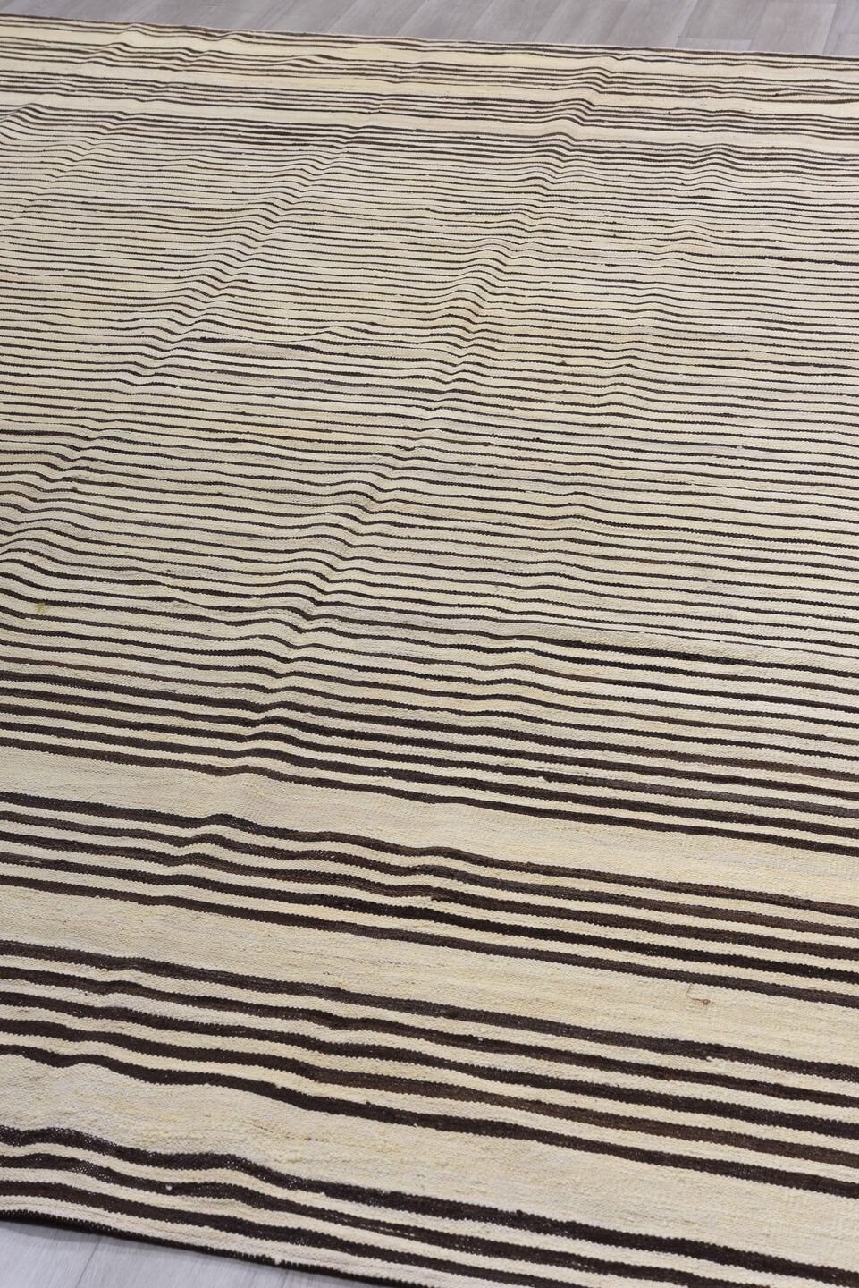 10' x 13' one-of-a-kind handmade vintage Kilim large size rug. Color palette: ivory, brown, charcoal, black, gray