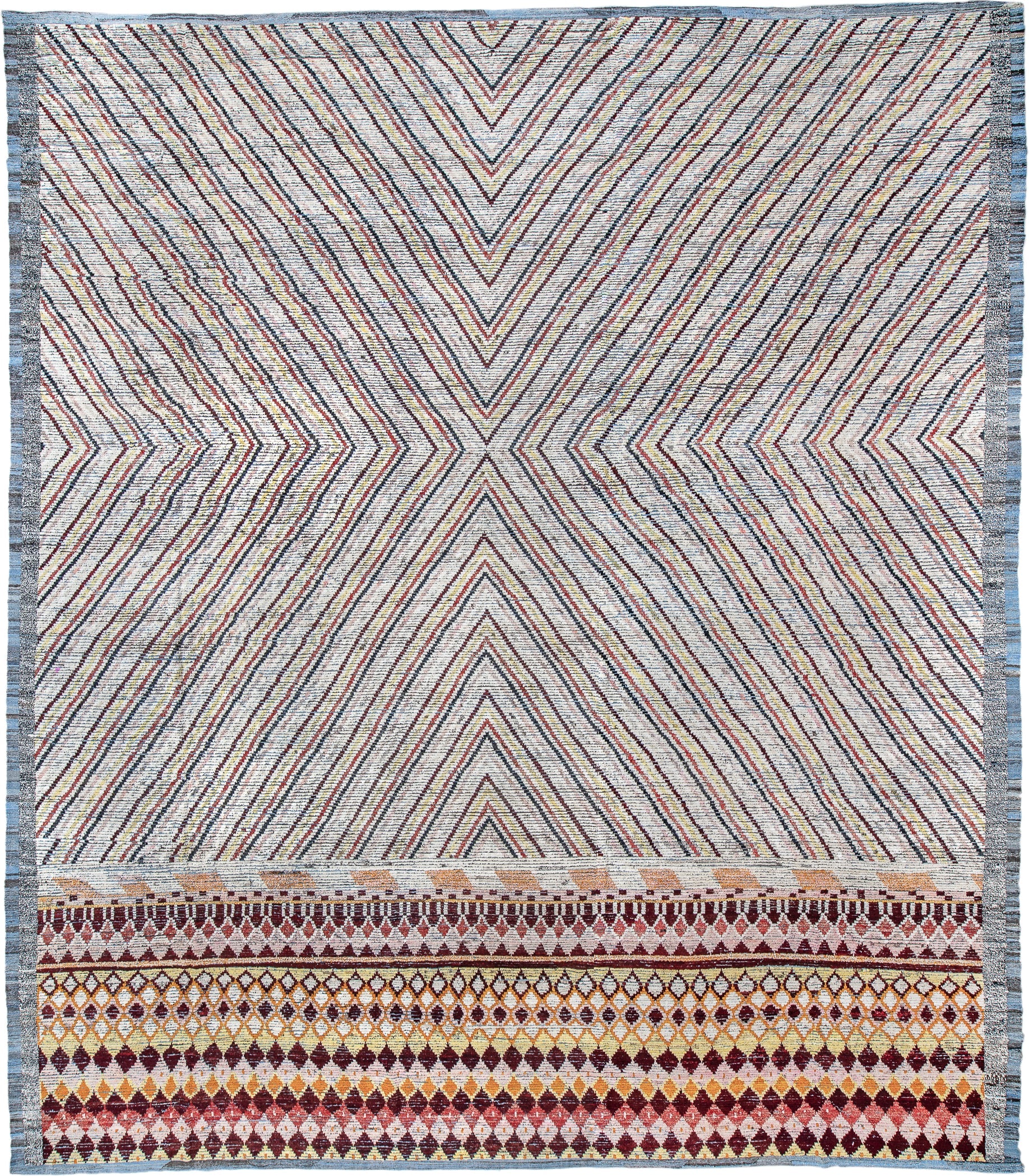 18' x 20' one-of-a-kind handmade vintage Tulu oversize rug. Color palette: ivory, burgundy, sky_blue, saffron, coral