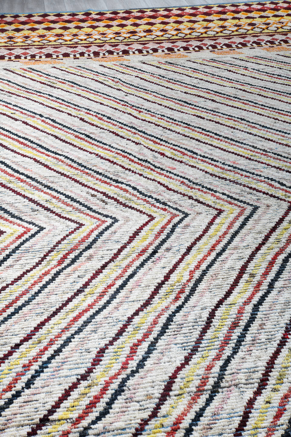 18' x 20' one-of-a-kind handmade vintage Tulu oversize rug. Color palette: ivory, burgundy, sky_blue, saffron, coral